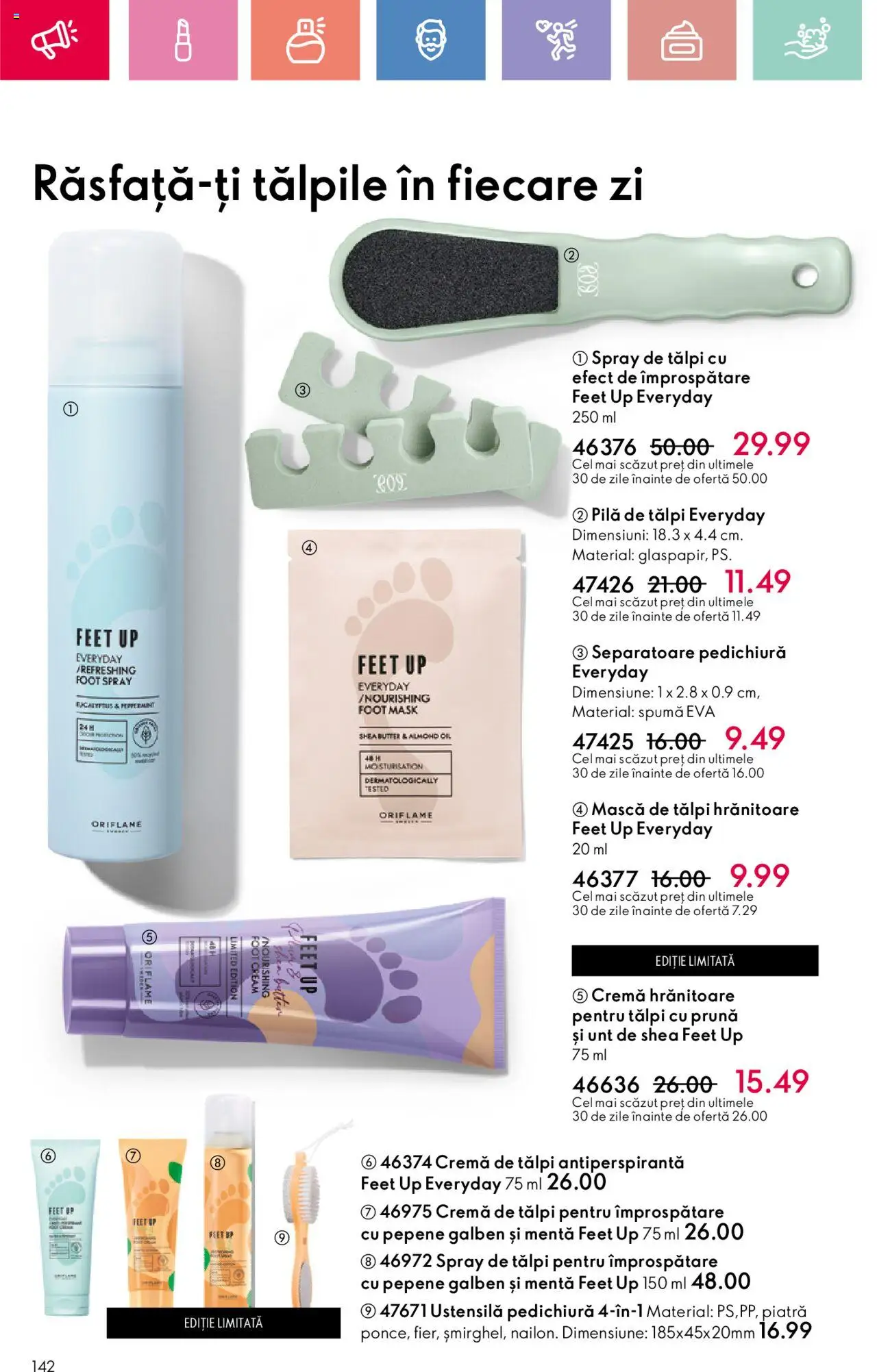 Oriflame catalog 11 2025 – valabil de la 27.07.2025 | Pagină: 142 | Produse: Pepene Galben, Pilă de tălpi, Unt, Cremă