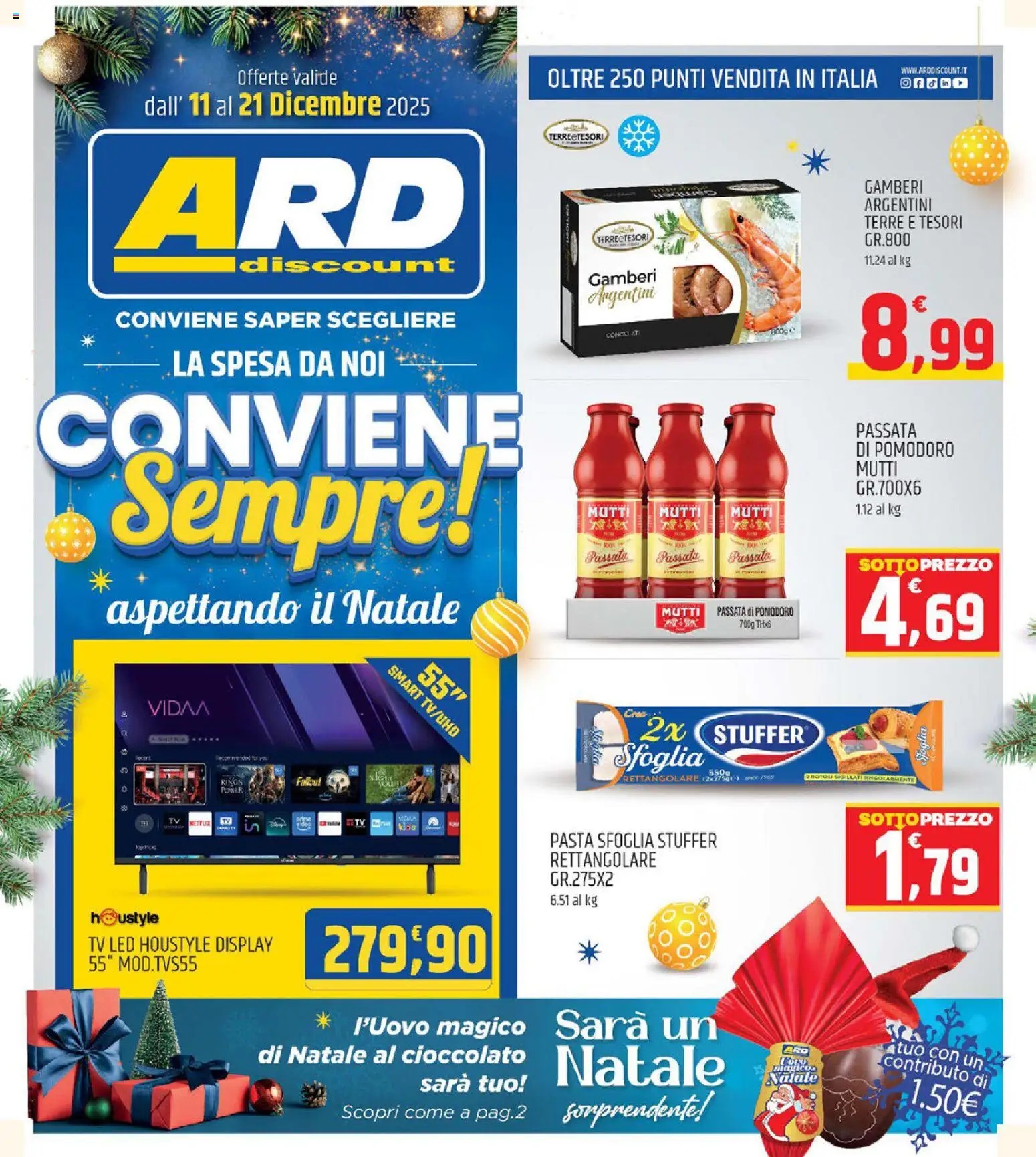 Volantino ARD Discount del 11.12.2025 | Pagina: 1 | Prodotti: Cioccolato, Gamberi, Passata di pomodoro, Mutti passata