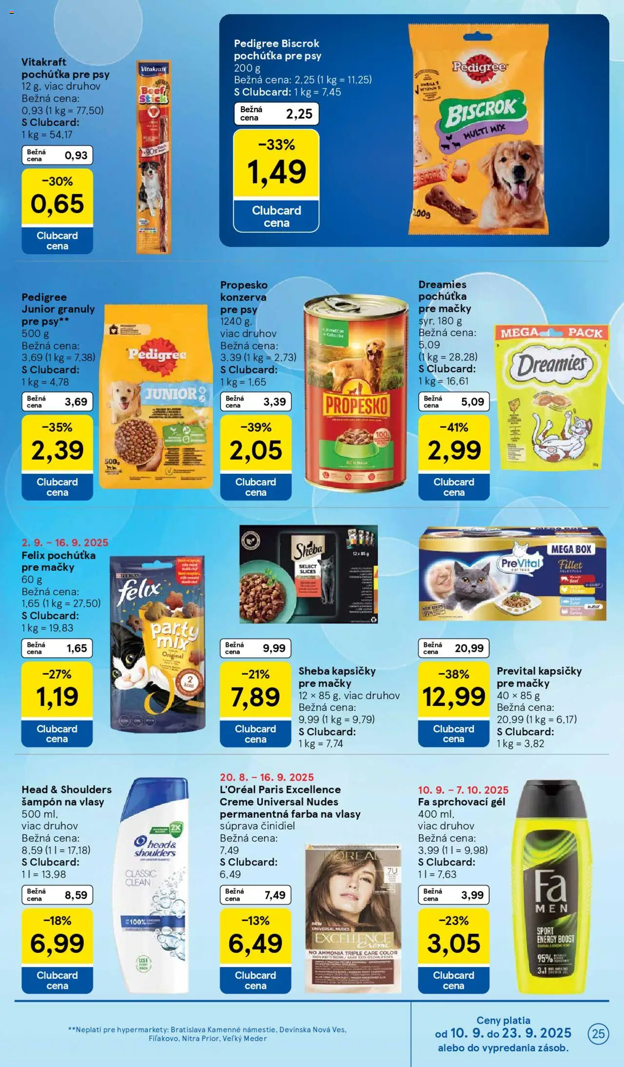 Nové Tesco akcie – leták je platný od 10.09.2025 | Strana: 25 | Produkty: Felix, Šampón, Farba na vlasy, Head & Shoulders