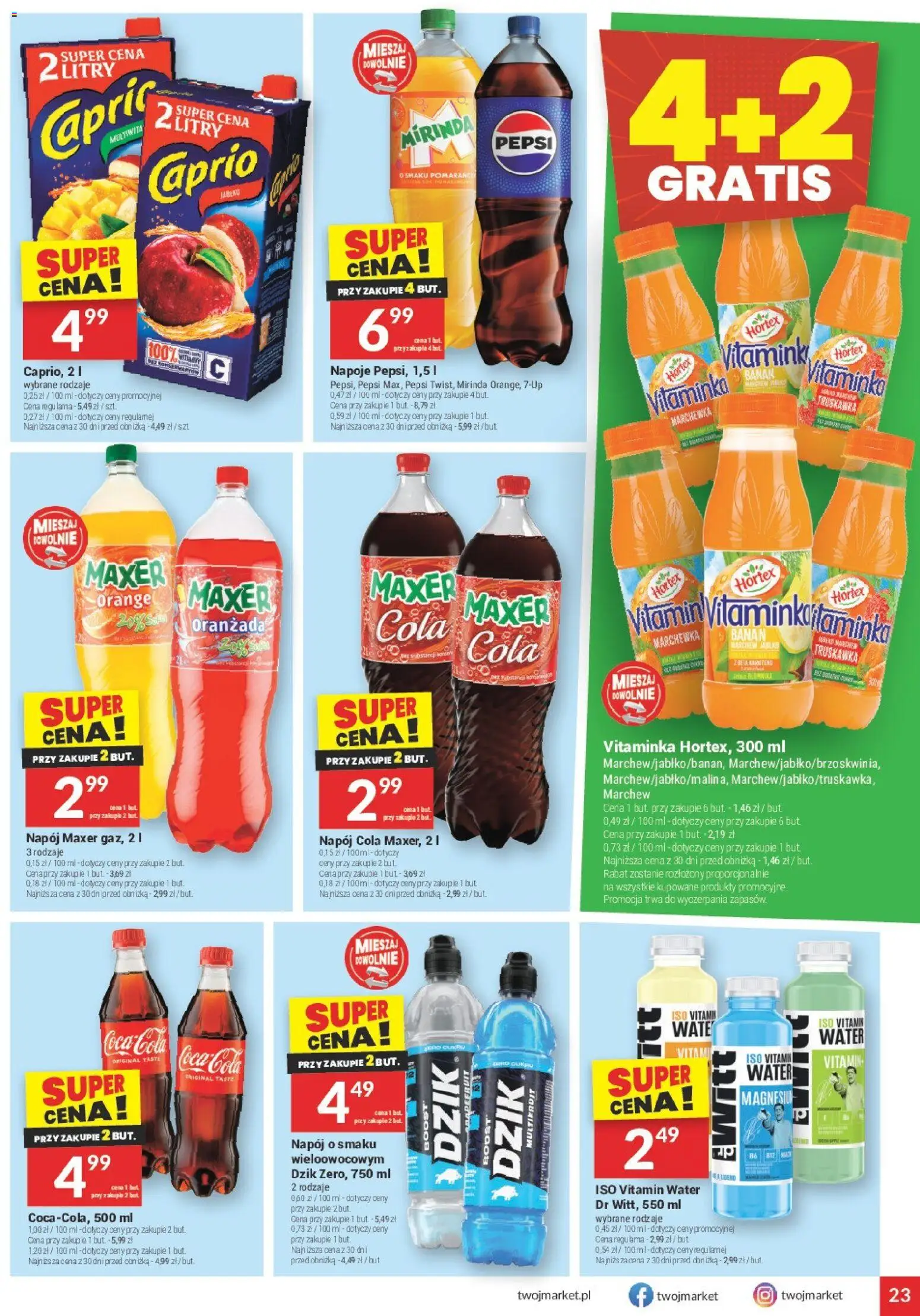 Twój Market Gazetka od 25.02.2026 | Strona: 23 | Produkty: Napoje, Pepsi, Coca cola, Marchewka