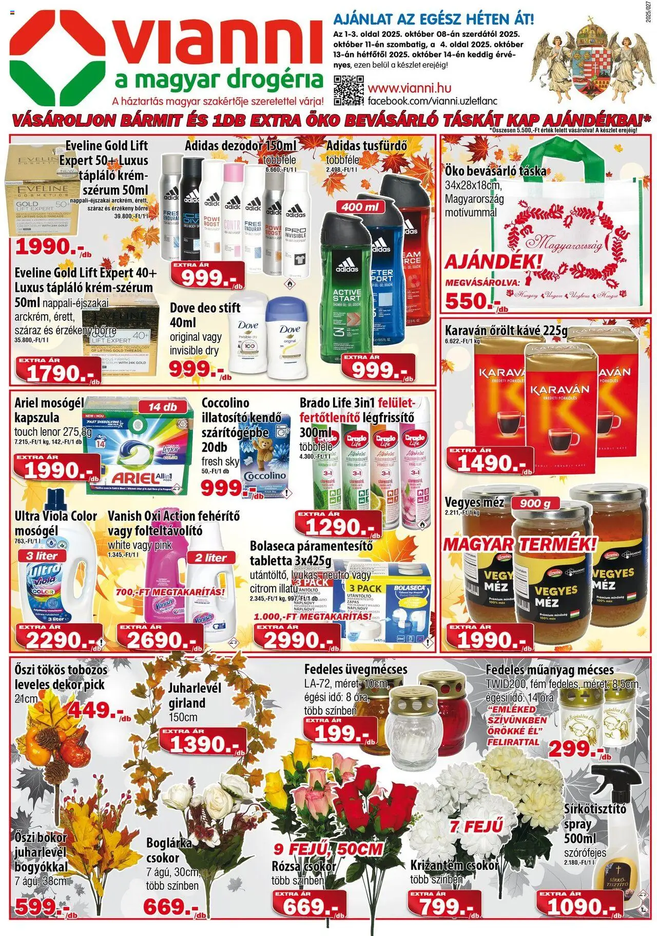 Vianni akciós ujság - amely érvényes a következő dátumtól: 08.10.2025 | Oldal: 1 | Termékek: Pick, Kávé, Tusfürdő, Citrom