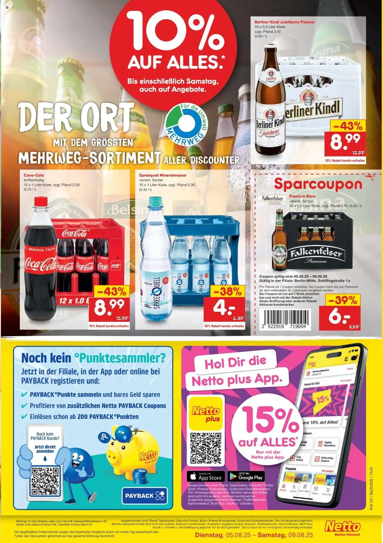 Netto Marken-Discount Wiedereröffnung Berlin-Mitte, Schillingstraße - gültig ab dem 05.08.2025 | Seite: 3 | Produkte: Berliner, Coca cola, Cola, Mineralwasser