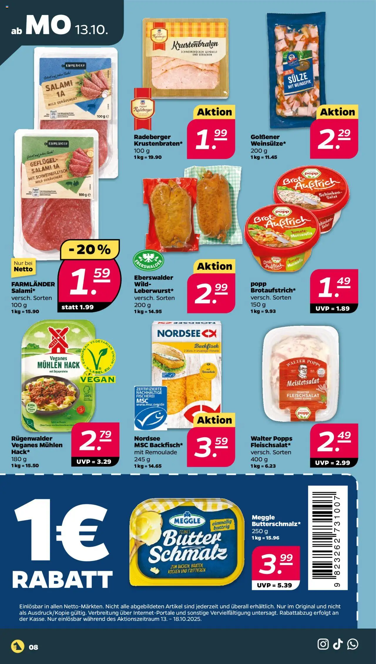 Netto Prospekt 	 – gültig ab 13.10.2025 | Seite: 8 | Produkte: Butter, Mozzarella, Schweinefleisch, Salat