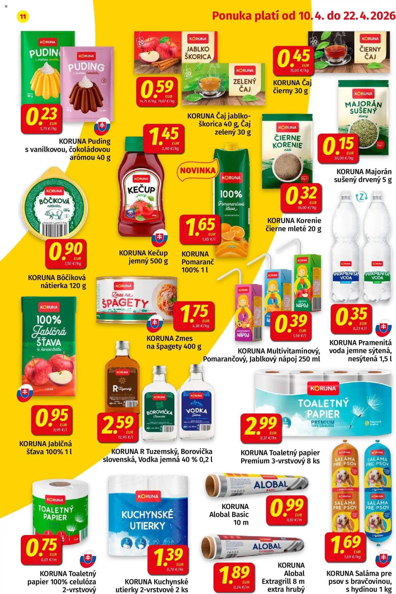Nové Koruna akcie – leták je platný od 10.04.2026 | Strana: 11 | Produkty: Borovička, Toaletný papier, Voda, Majorán
