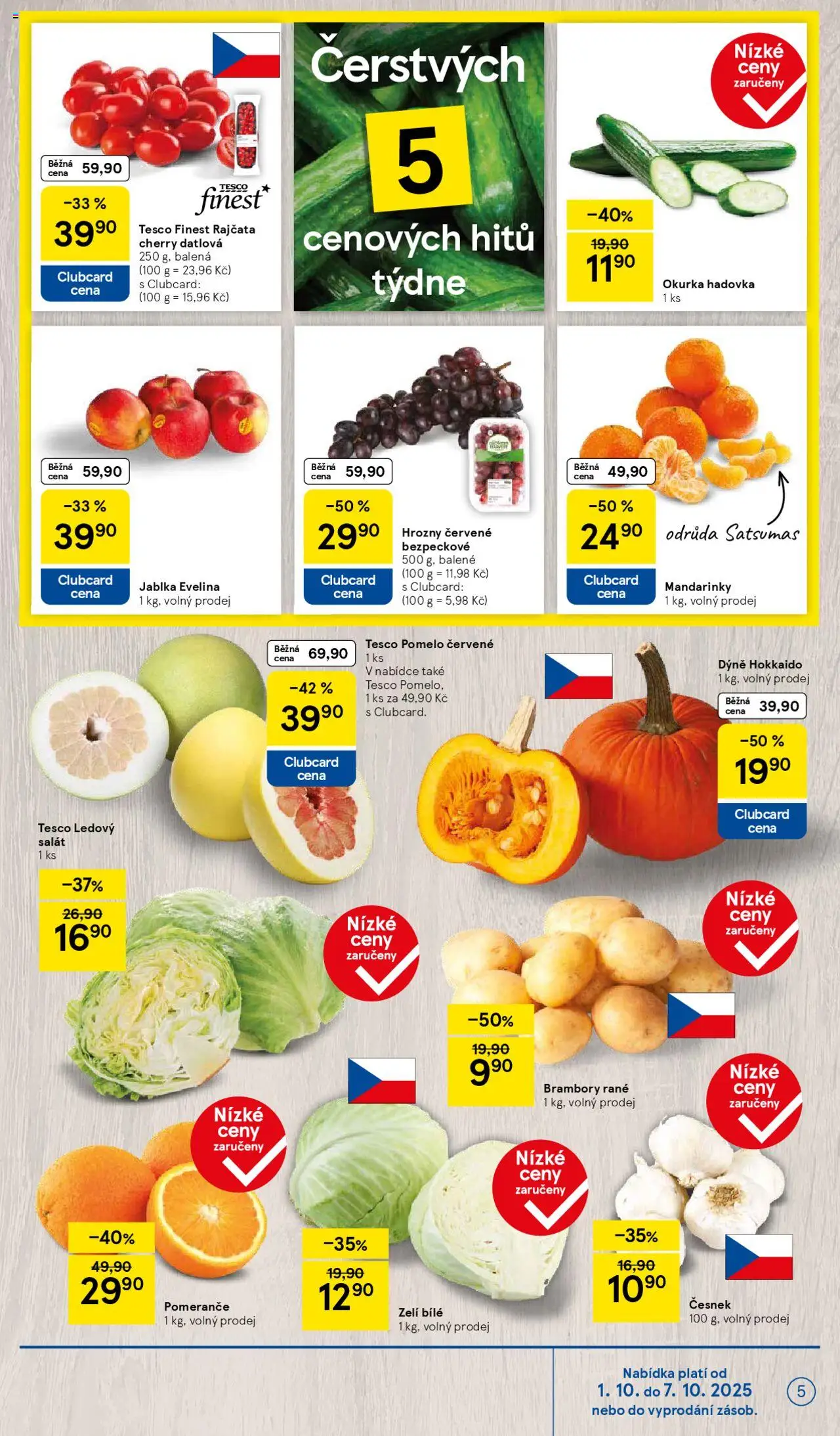 Tesco leták - Hypermarket od 01.10.2025 | Strana: 5 | Produkty: Mandarinky, Salát, Okurka hadovka, Dýně