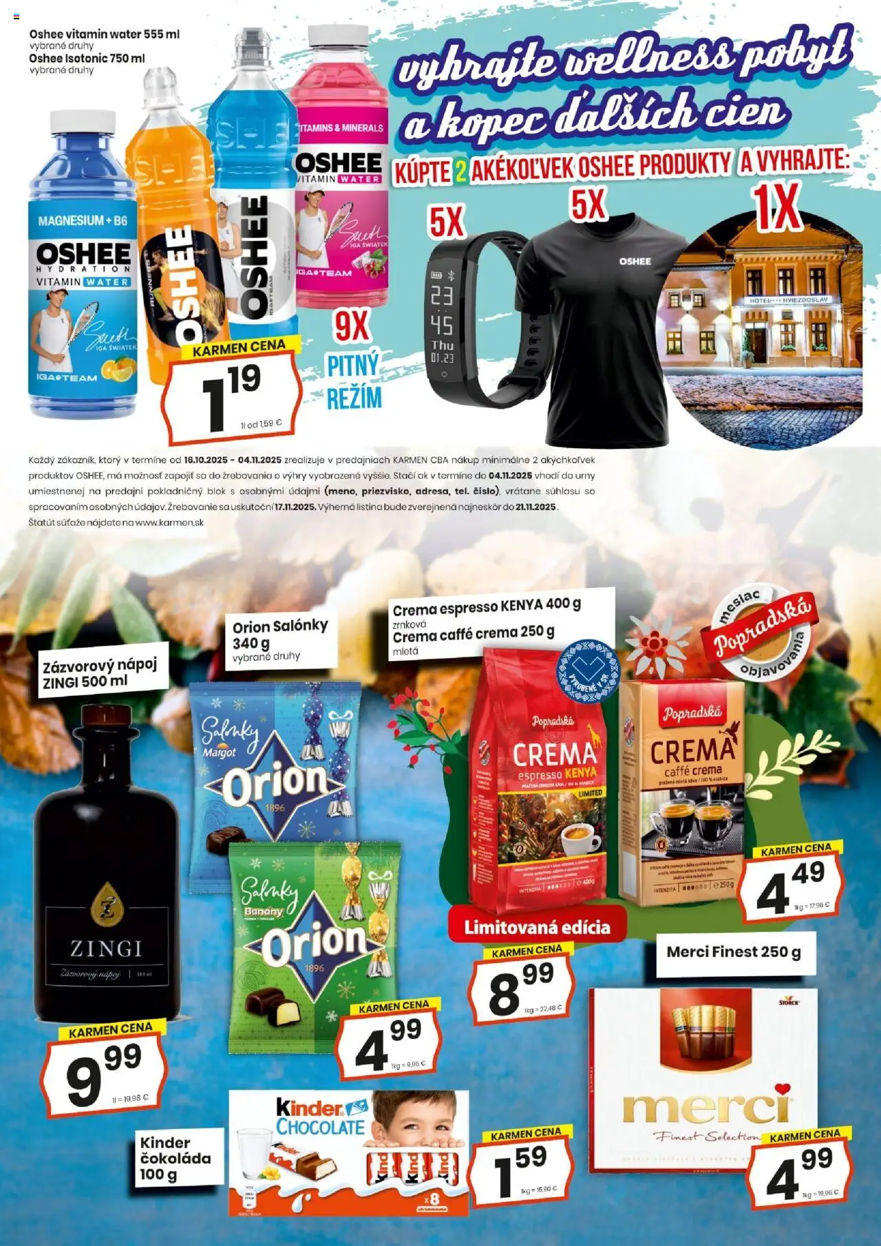Nové KARMEN CBA akcie – leták je platný od 16.10.2025 | Strana: 2 | Produkty: Káva, Banány, Merci, Kinder