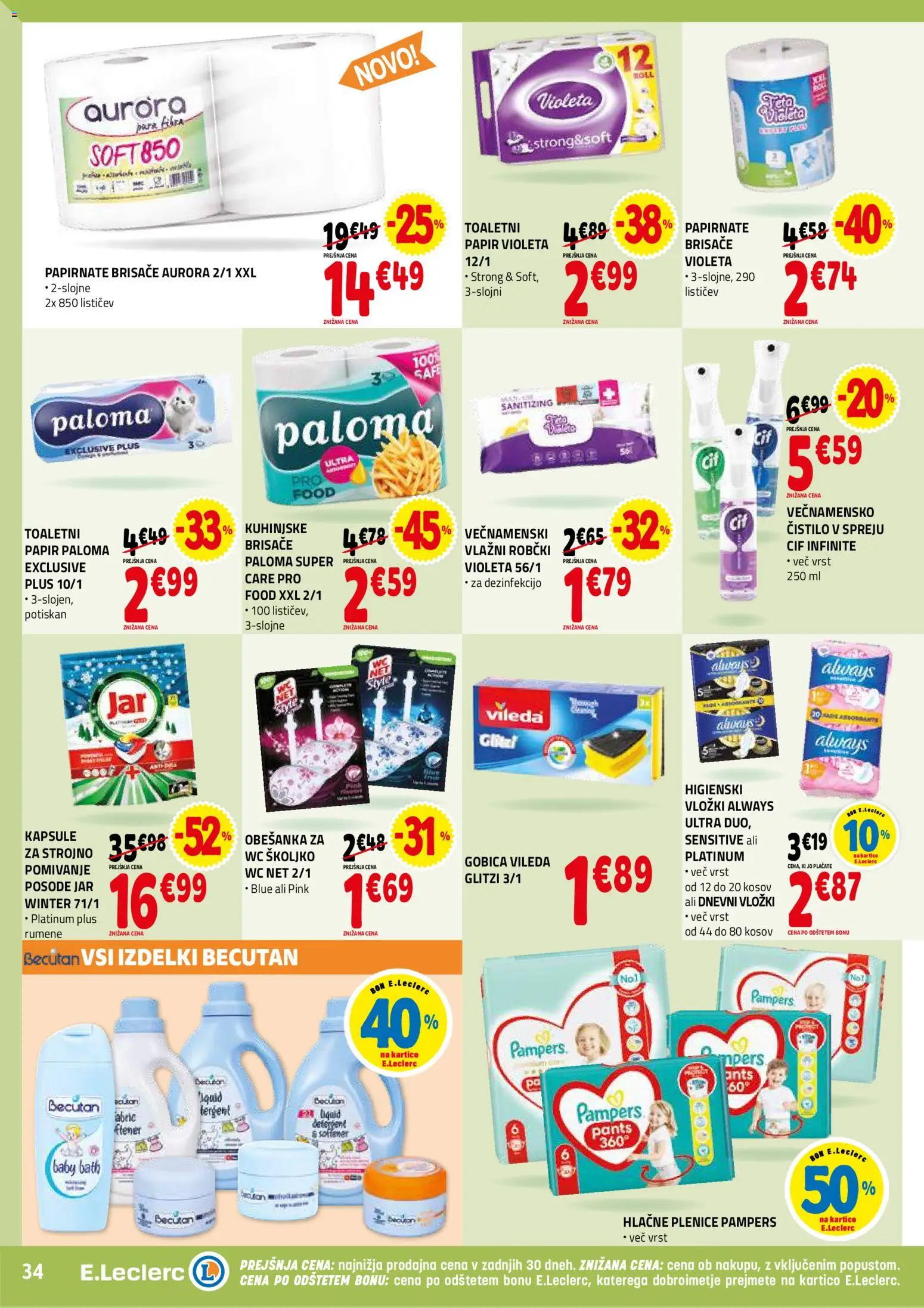 Novi E.leclerc katalog ponudbe – veljaven od 26.11.2025 | Stran: 34 | Izdelki: Higienski vložki, Plenice, Papirnate brisače, Kuhinjske brisače