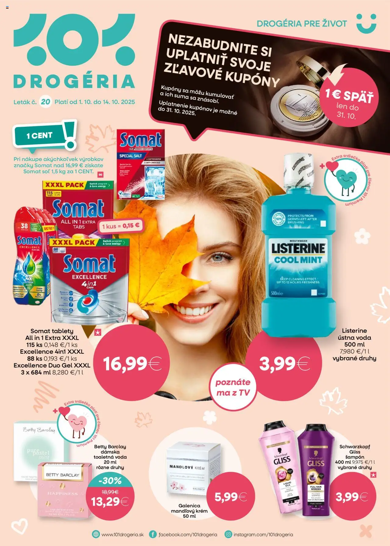 Nové 101 drogerie akcie – leták je platný od 01.10.2025 | Strana: 1 | Produkty: Tv, Toaletná voda, Ústna voda, Voda