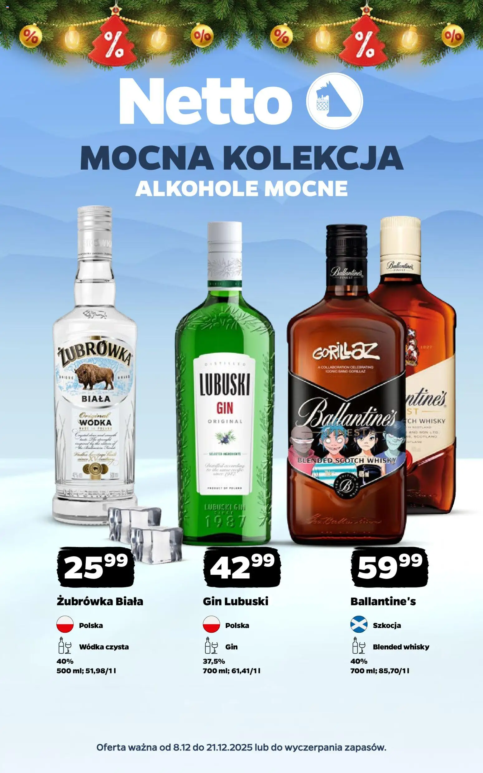 Netto gazetka - Mocna Kolekcja od 08.12.2025 | Strona: 1 | Produkty: Gin Lubuski, Żubrówka, Gin, Whisky