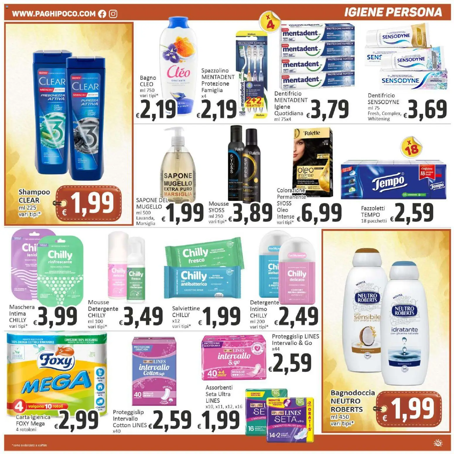 Volantino Paghi Poco del 03.03.2026 | Pagina: 15 | Prodotti: Carta igienica, Sapone, Spazzolino, Bagno