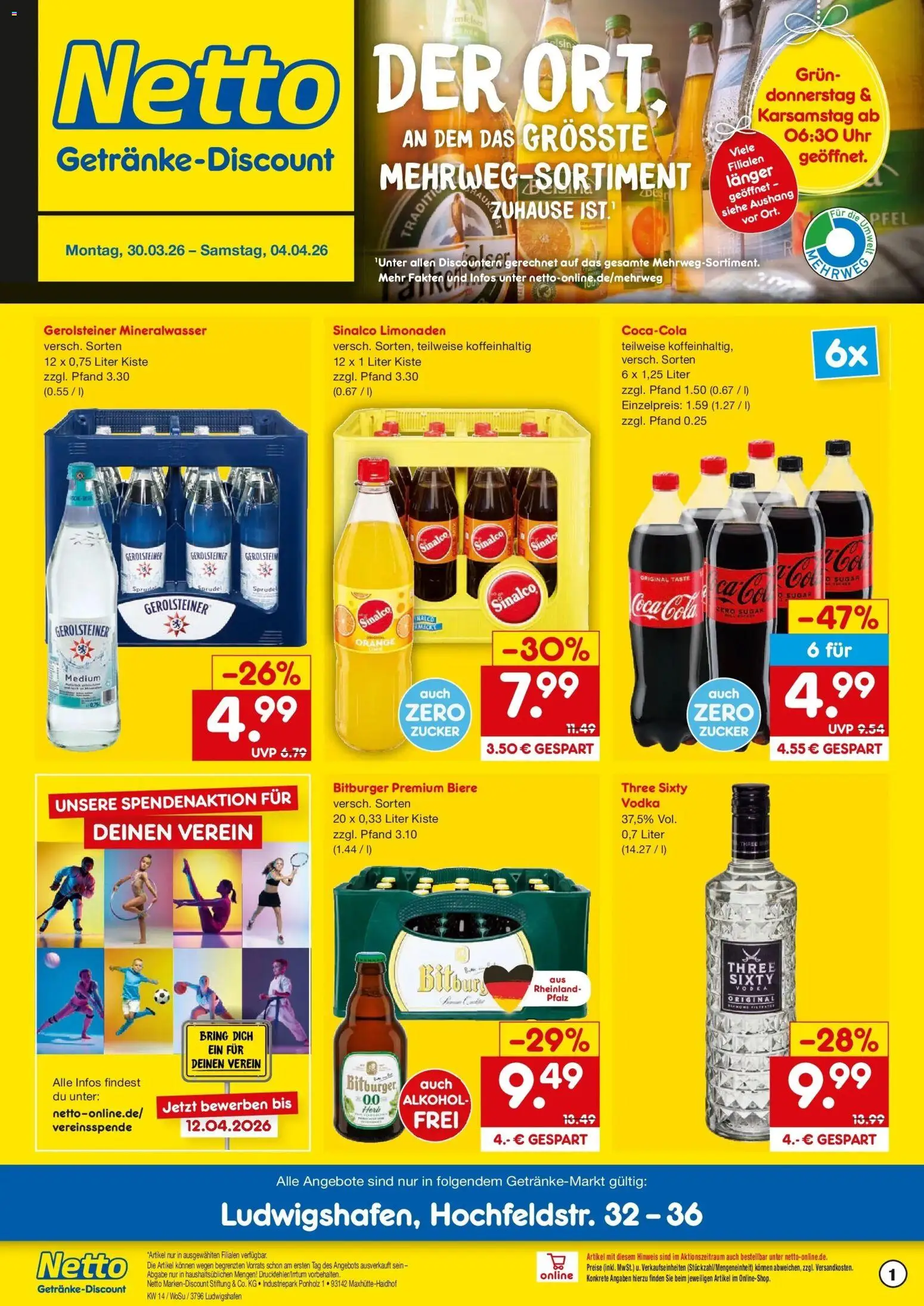 Netto Marken-Discount Prospekt Ludwigshafen	 – gültig ab 29.03.2026 | Seite: 1 | Produkte: Bitburger, Mineralwasser, Zucker, Uhr