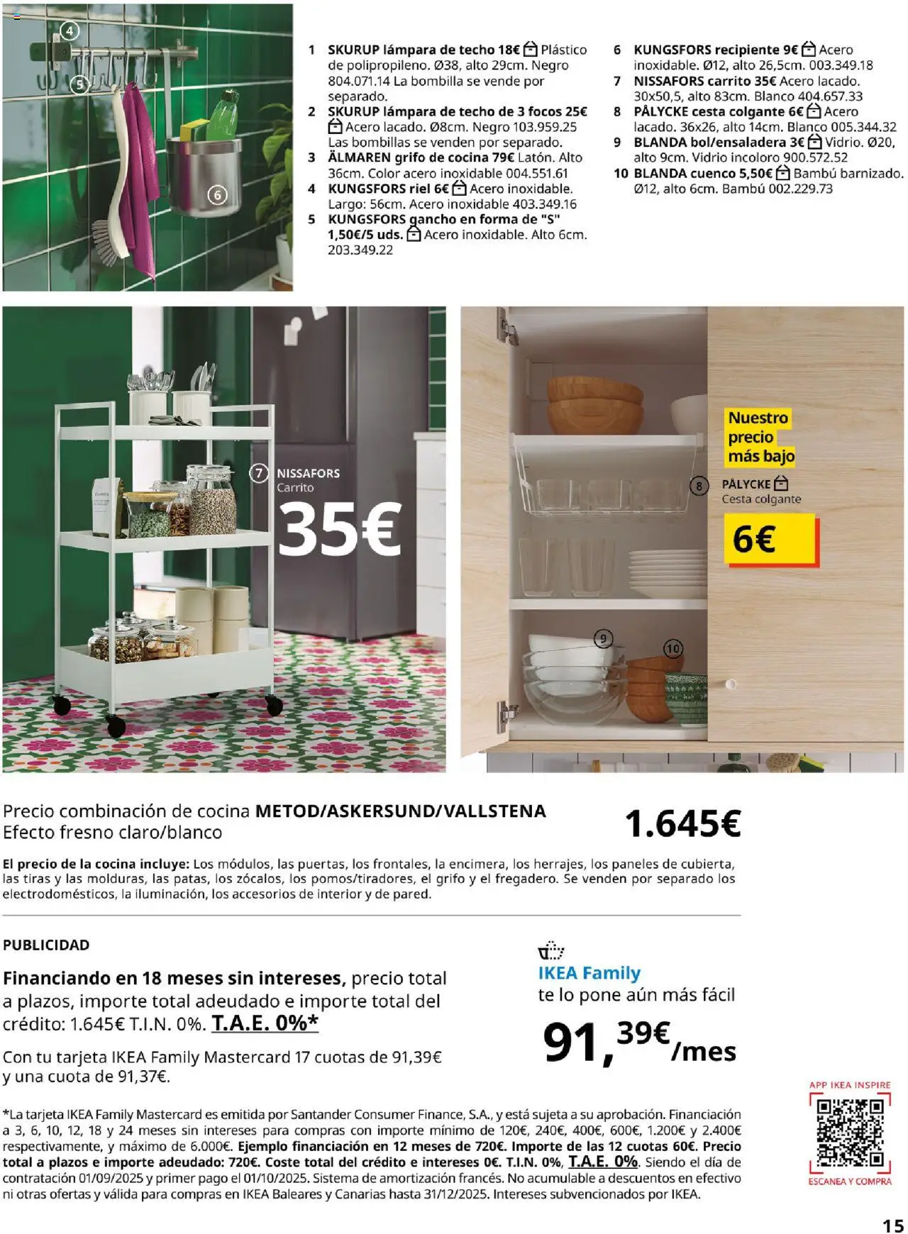 Catálogo IKEA Precios bajos.  │ válido desde el 01.09.2025 | Página: 15 | Productos: Lámpara de techo, Té, Cocina, Cesta