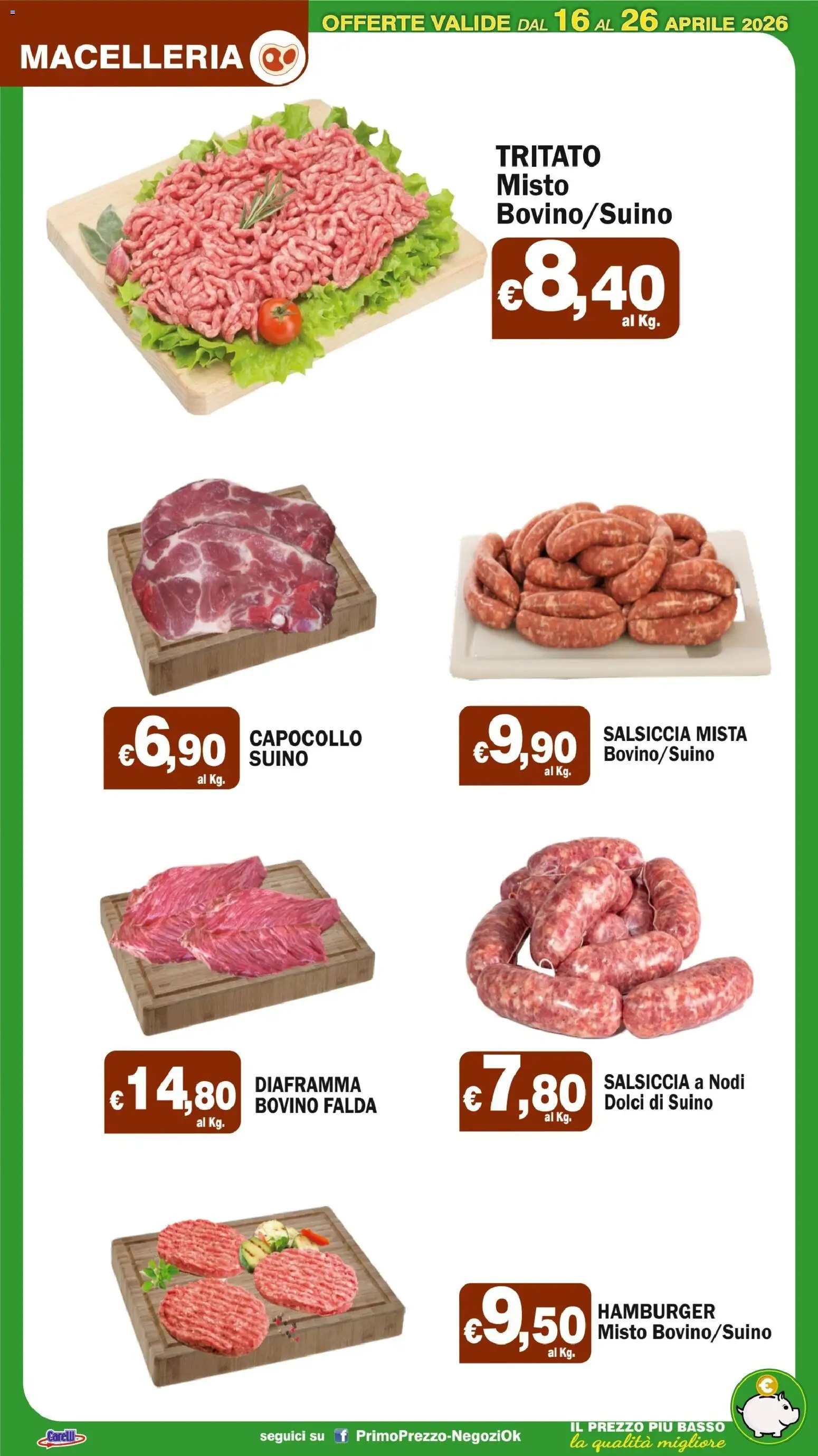 Volantino Primo Prezzo del 16.04.2026 | Pagina: 34 | Prodotti: Bovino, Suino, Salsiccia, Hamburger