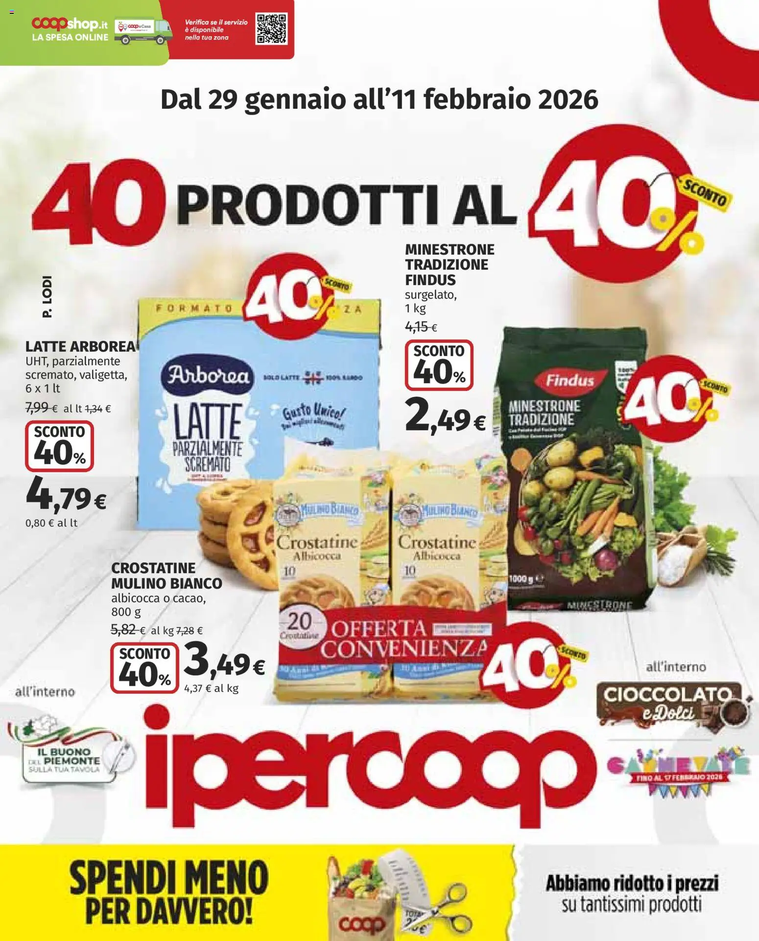 Volantino Ipercoop del 29.01.2026 | Pagina: 1 | Prodotti: Minestrone, Cioccolato, Latte, Crostatine