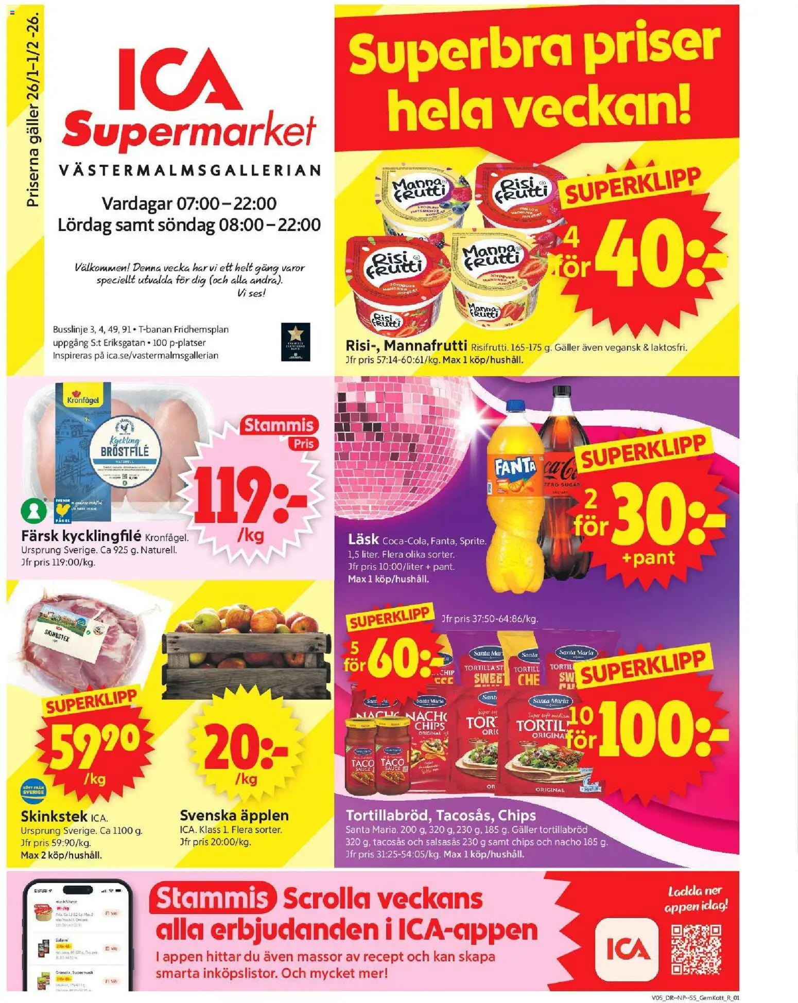 ICA Supermarket reklamblad aktuell från 26.01.2026 | Sida: 1 | Produkter: Tortilla, Tacosås, Chips, Fanta