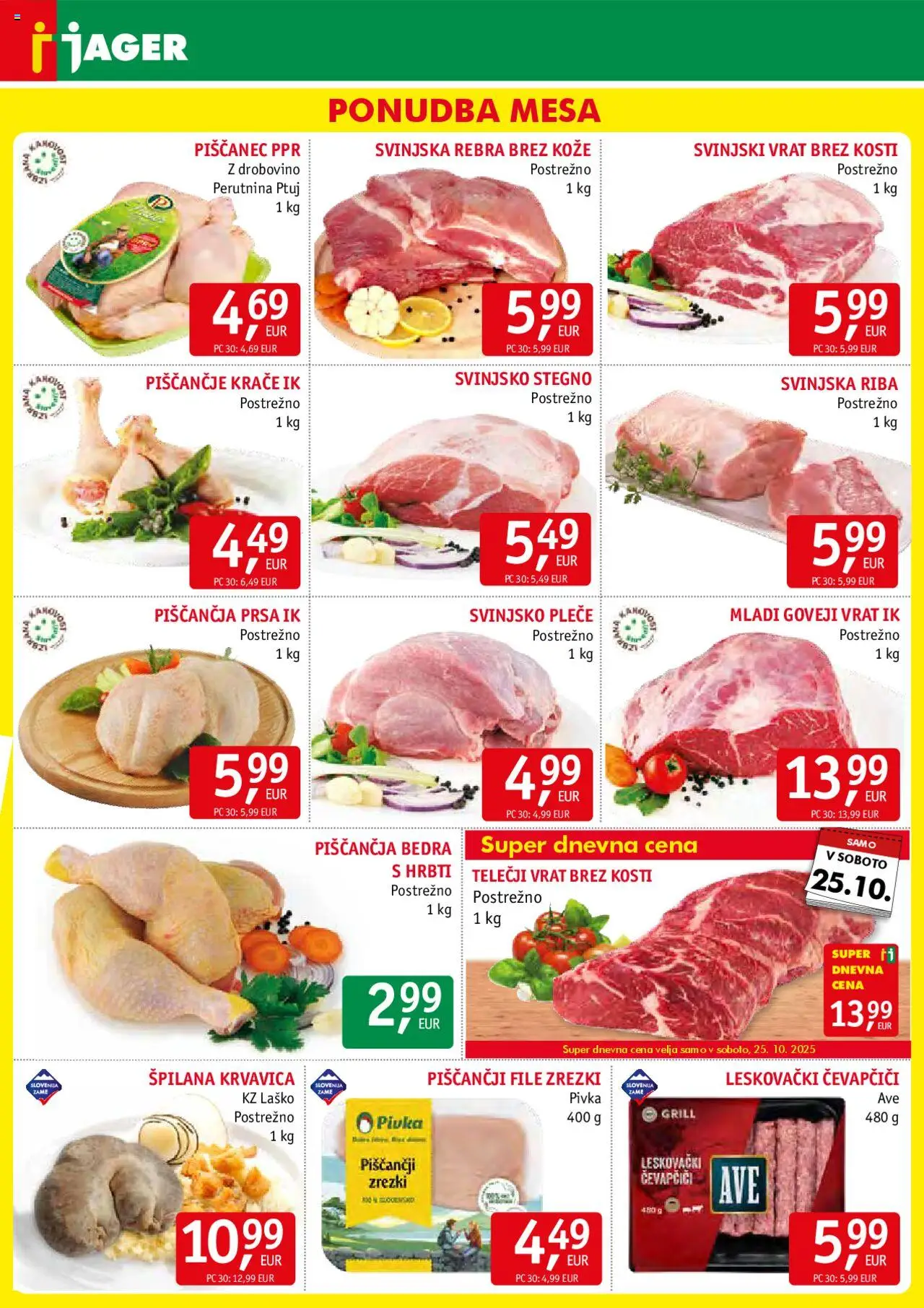 Novi Jager katalog ponudbe – veljaven od 22.10.2025 | Stran: 3 | Izdelki: Čevapčiči, Piščančja bedra, Bilderrahmen, Riba