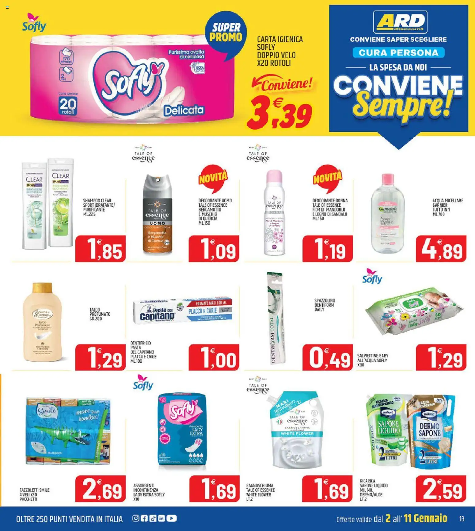 Volantino ARD Discount del 02.01.2026 | Pagina: 13 | Prodotti: Shampoo, Acqua micellare, Carta igienica, Fazzoletti