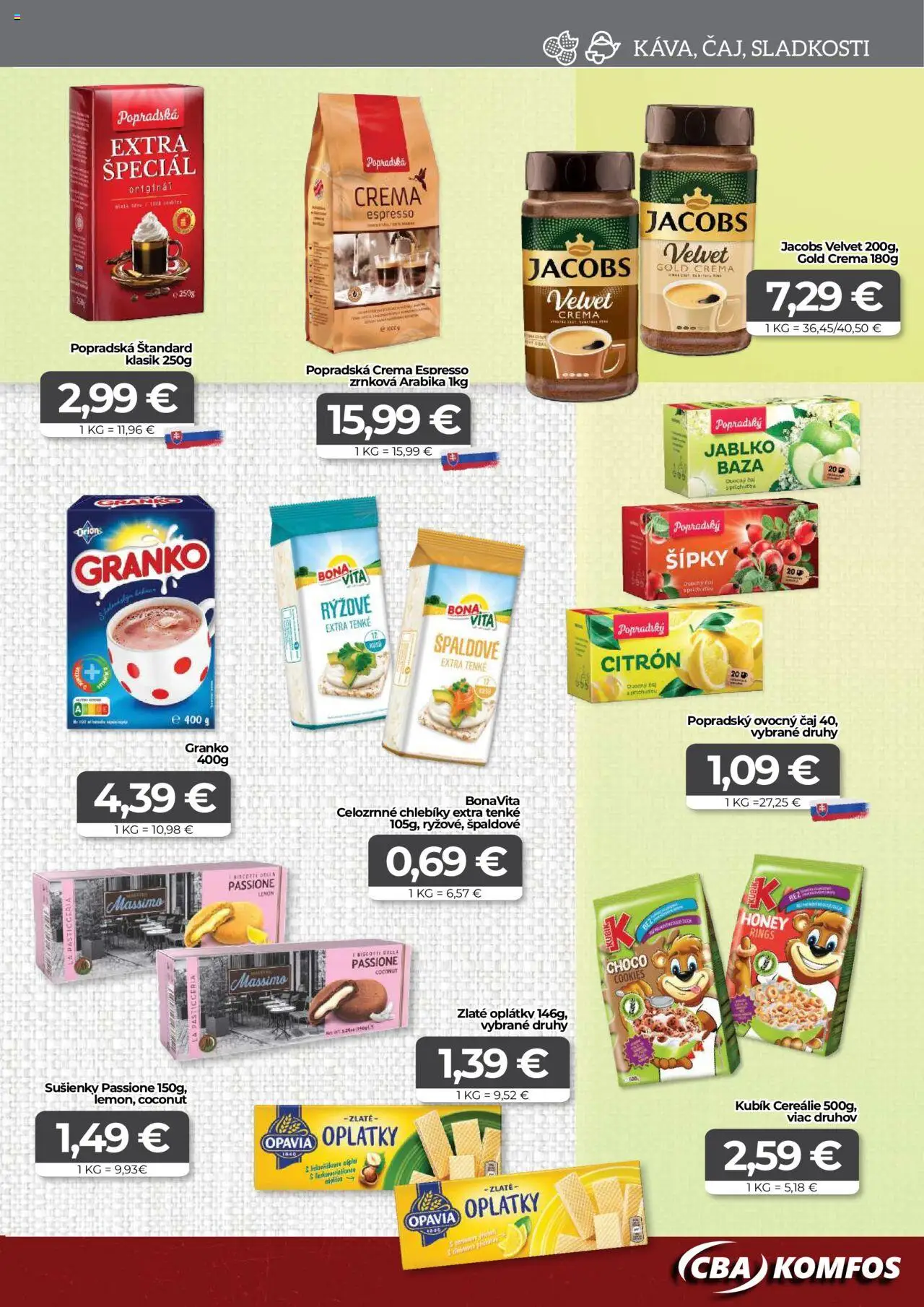 CBA Komfos leták │ platný od 20.06.2025 | Strana: 9 | Produkty: Jacobs Velvet, Popradská káva, Cereálie, Granko