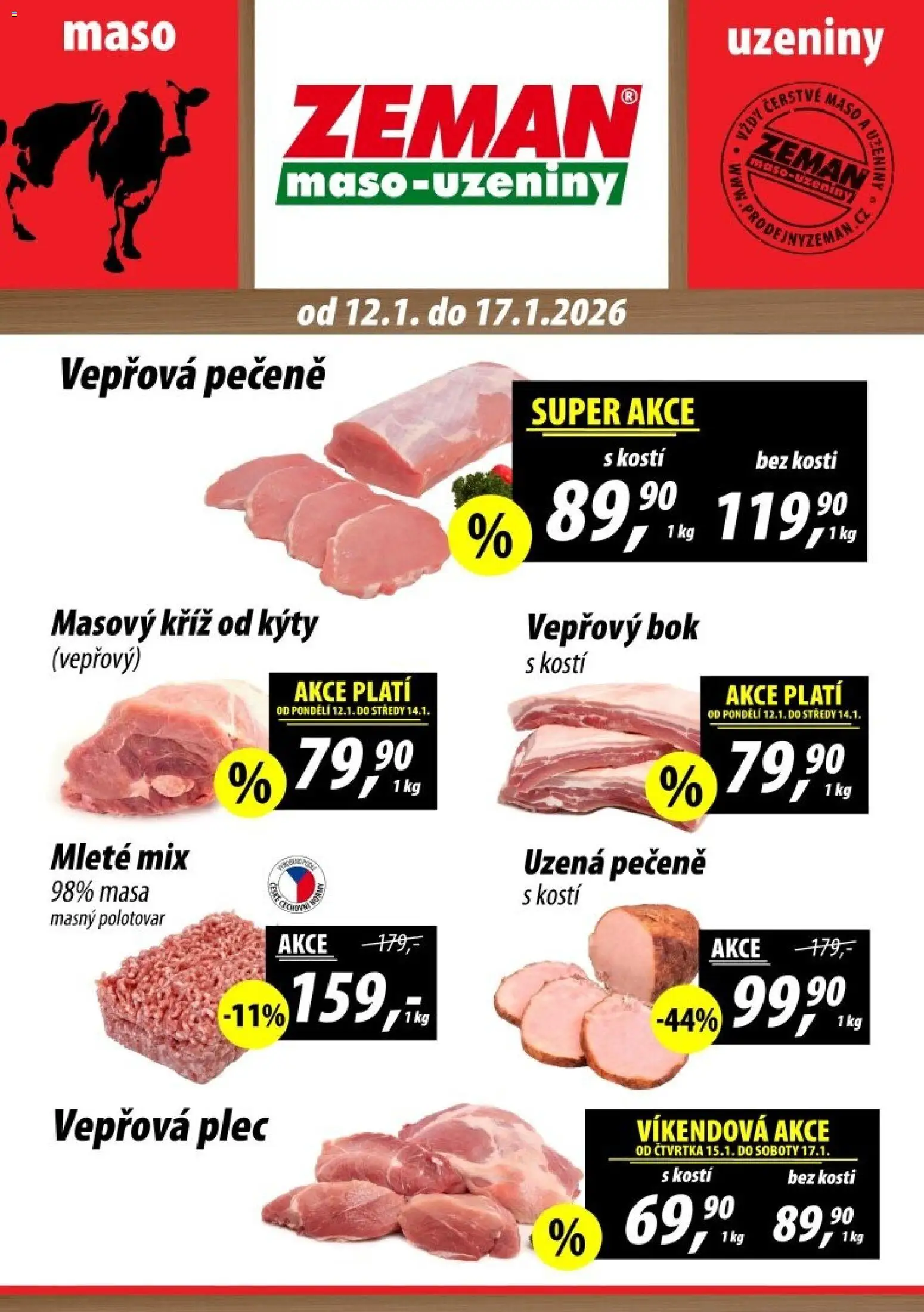 Prodejny Zeman leták od 12.01.2026 | Strana: 1 | Produkty: Vepřový bok, Uzeniny, Maso, Vepřová plec