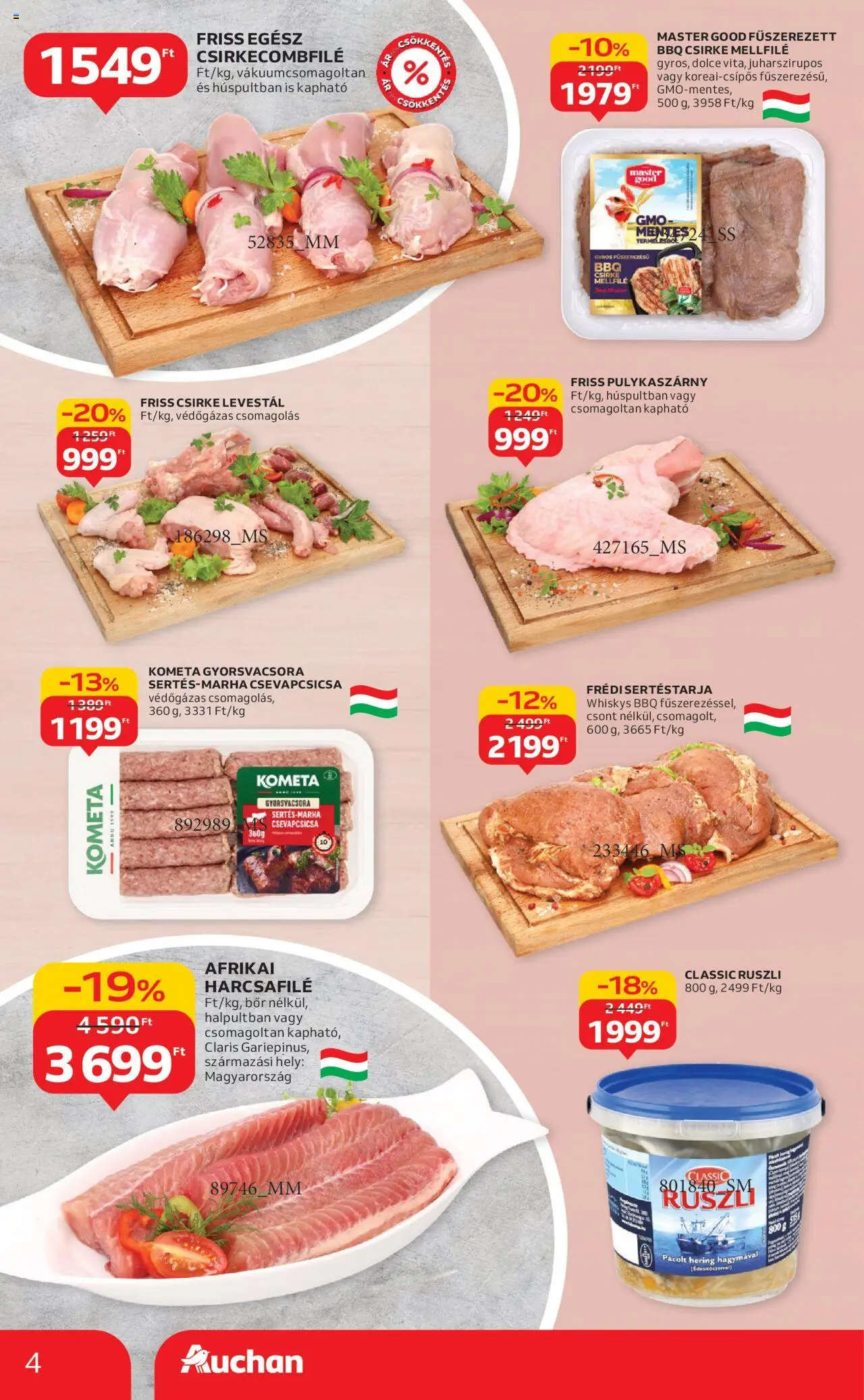 Auchan akciós ujság - amely érvényes a következő dátumtól: 28.08.2025 | Oldal: 4 | Termékek: Pulykaszárny, Csirkecombfile, Afrikai harcsafilé, Bor