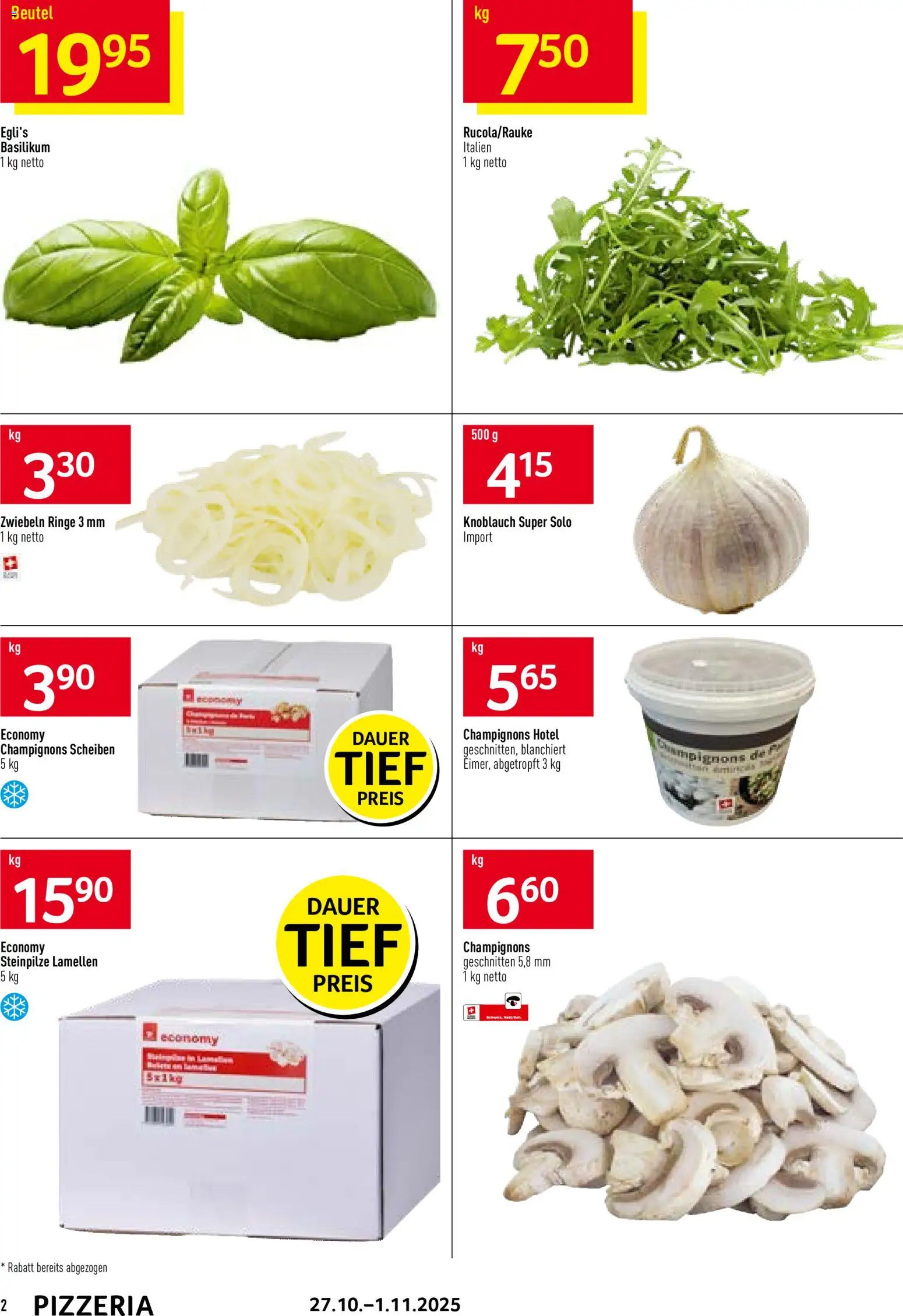Prodega Aktionen Pizzeria – gültig ab 27.10.2025 | Seite: 2 | Produkte: Champignons, Knoblauch, Zwiebeln