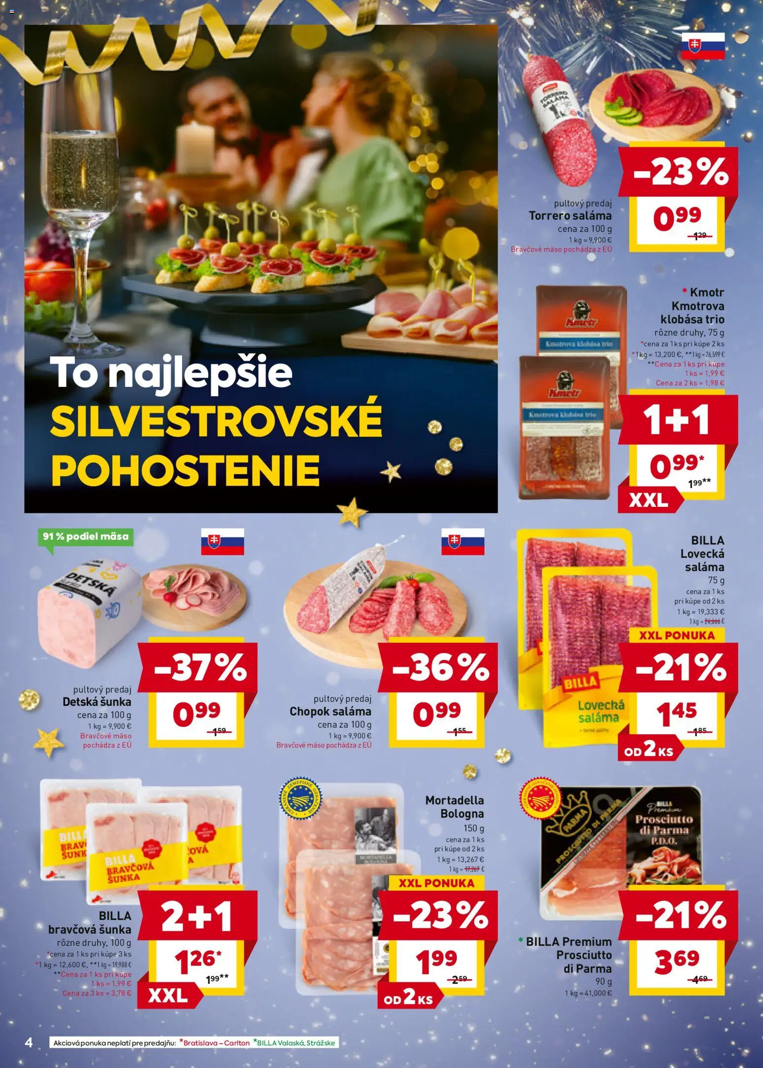 Nové Billa akcie – leták je platný od 27.12.2025 | Strana: 4 | Produkty: Saláma, Šunka, Klobása, Bravčové mäso