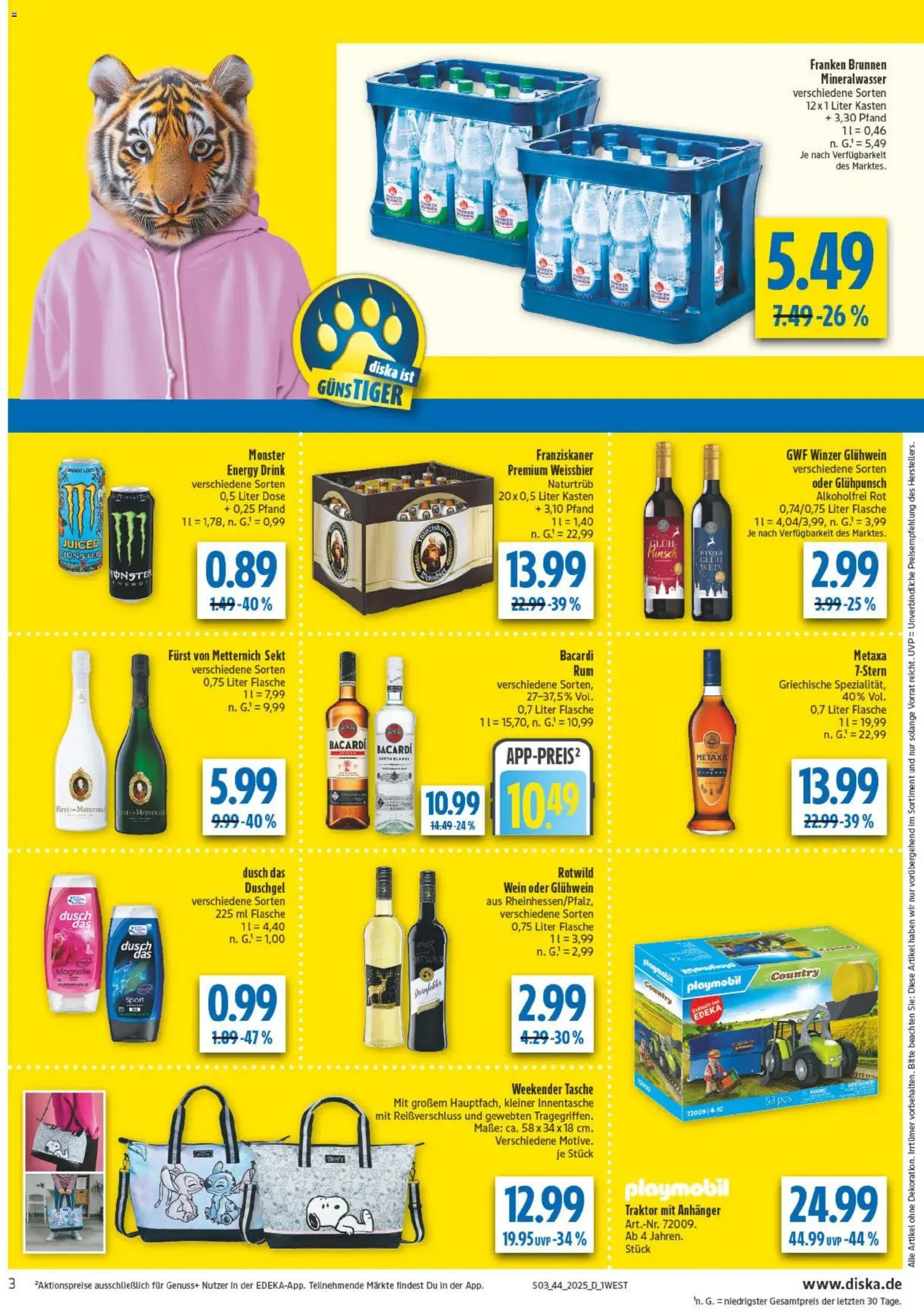 Diska - Diska Angebote Bayern KW44 – gültig ab 27.10.2025 | Seite: 3 | Produkte: Bacardi, Weißbier, Metaxa, Duschgel