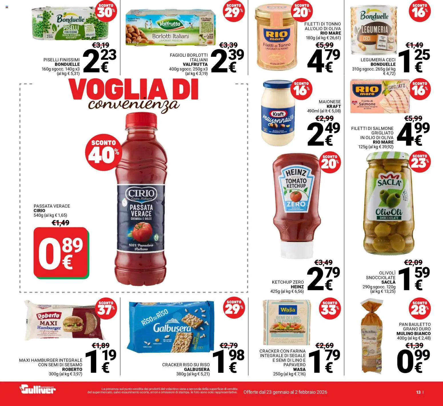 Volantino Gulliver del 23.01.2026 | Pagina: 13 | Prodotti: Salmone, Fagioli, Olio, Olio di Oliva
