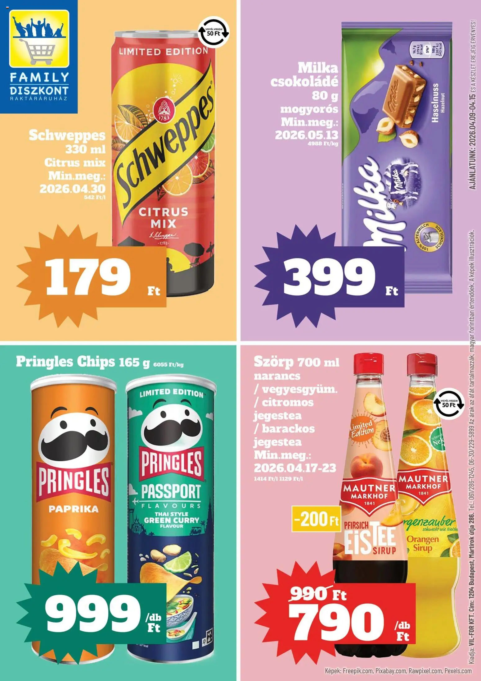 Family Diszkont akciós ujság - amely érvényes a következő dátumtól: 09.04.2026 | Oldal: 1 | Termékek: Szörp, Chips, Pringles, Narancs