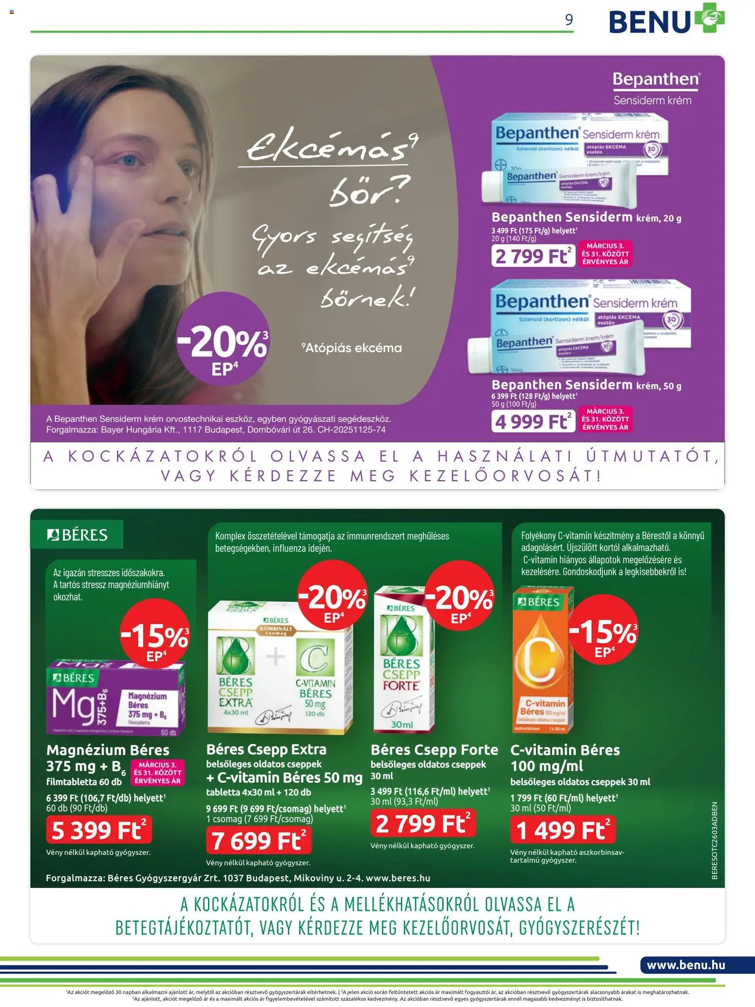 BENU Gyógyszertárak akciós ujság - amely érvényes a következő dátumtól: 01.03.2026 | Oldal: 9 | Termékek: Béres csepp, Bor