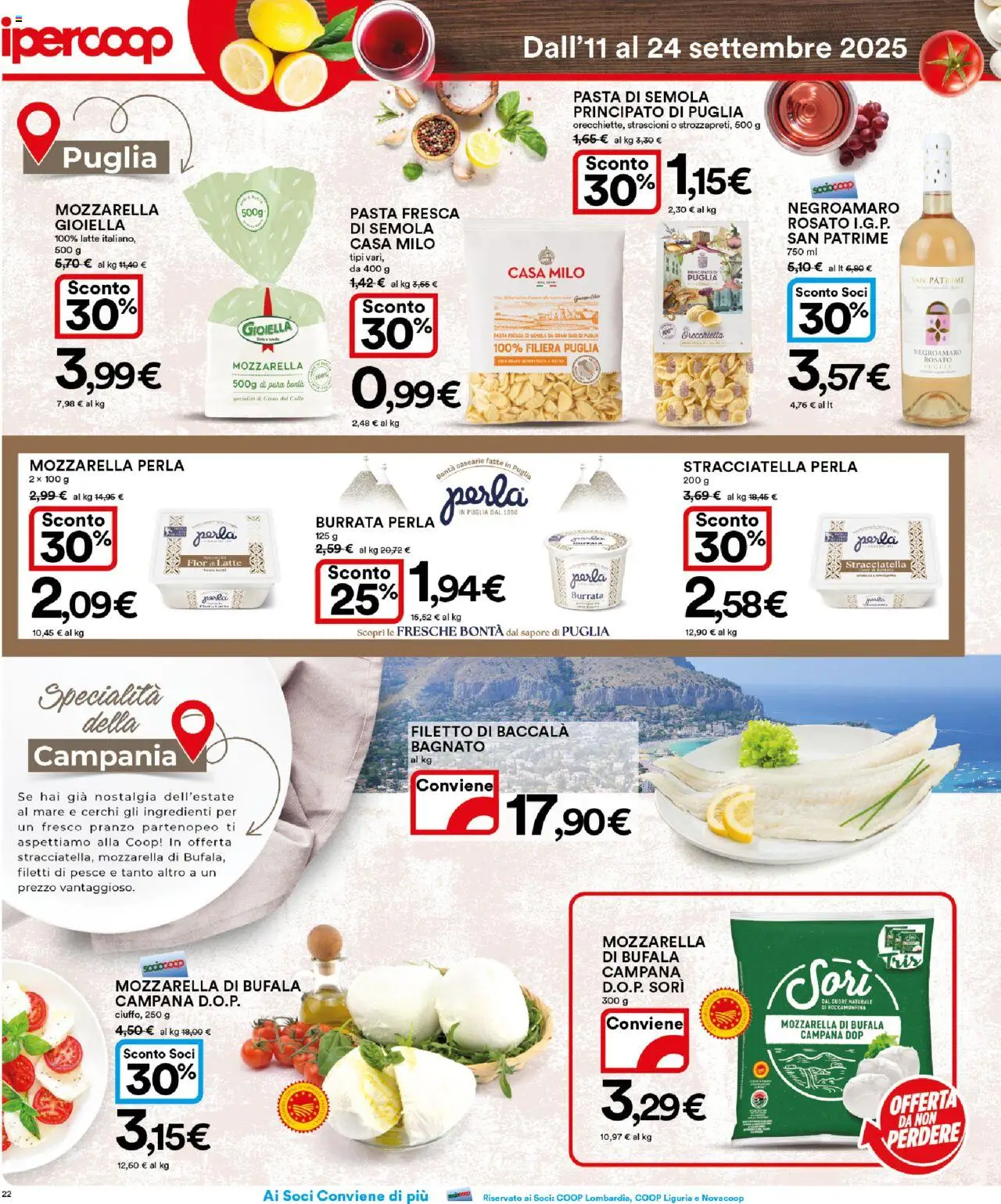 Volantino Ipercoop del 11.09.2025 | Pagina: 22 | Prodotti: Pesce, Pasta, Burrata, Stracciatella