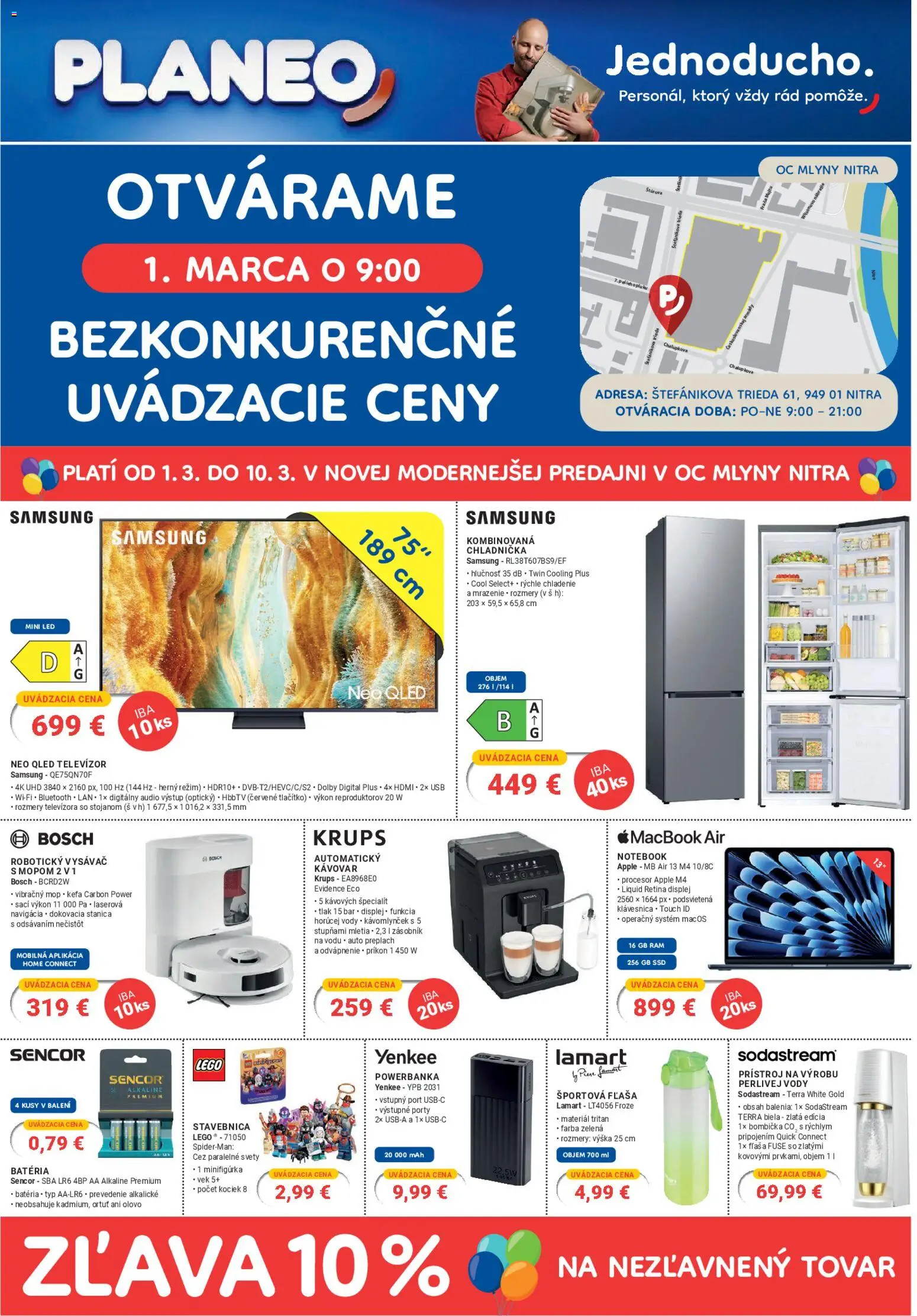 Nové Planeo Elektro akcie – leták je platný od 01.03.2026 | Strana: 1 | Produkty: Robotický vysávač, Chladnička, Rám, Macbook