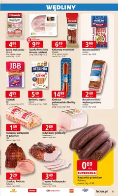 Pogląd oferty "E.Leclerc Gazetka - Zielona Góra" - ważna od 27.01.2026 | Strona: 17 | Produkty: Szynka prosciutto, Parówki, Szynka, Boczek wędzony
