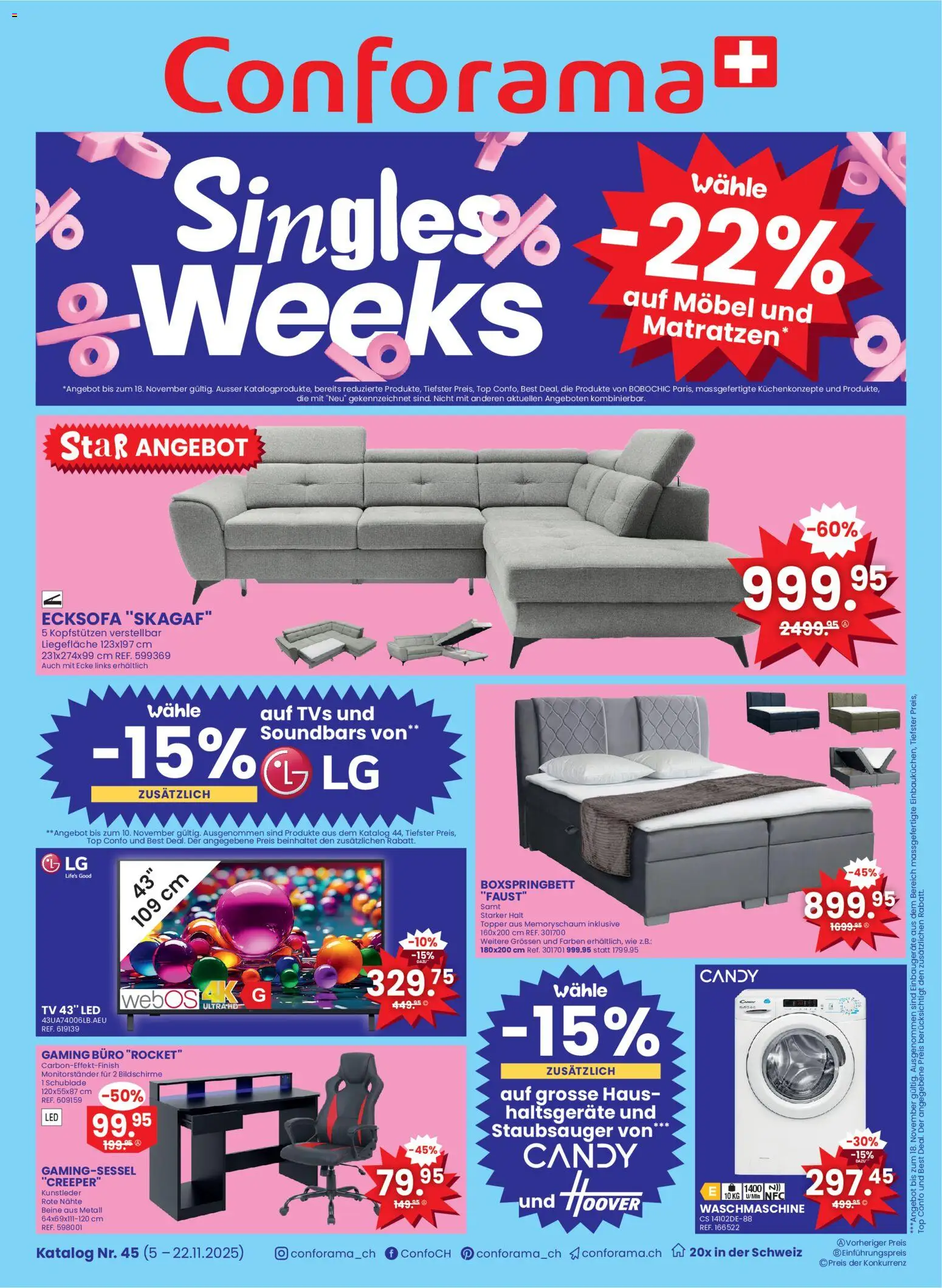 Conforama Aktionen Singles – gültig ab 05.11.2025 | Seite: 1 | Produkte: Topper, TV, Boxspringbett, LG
