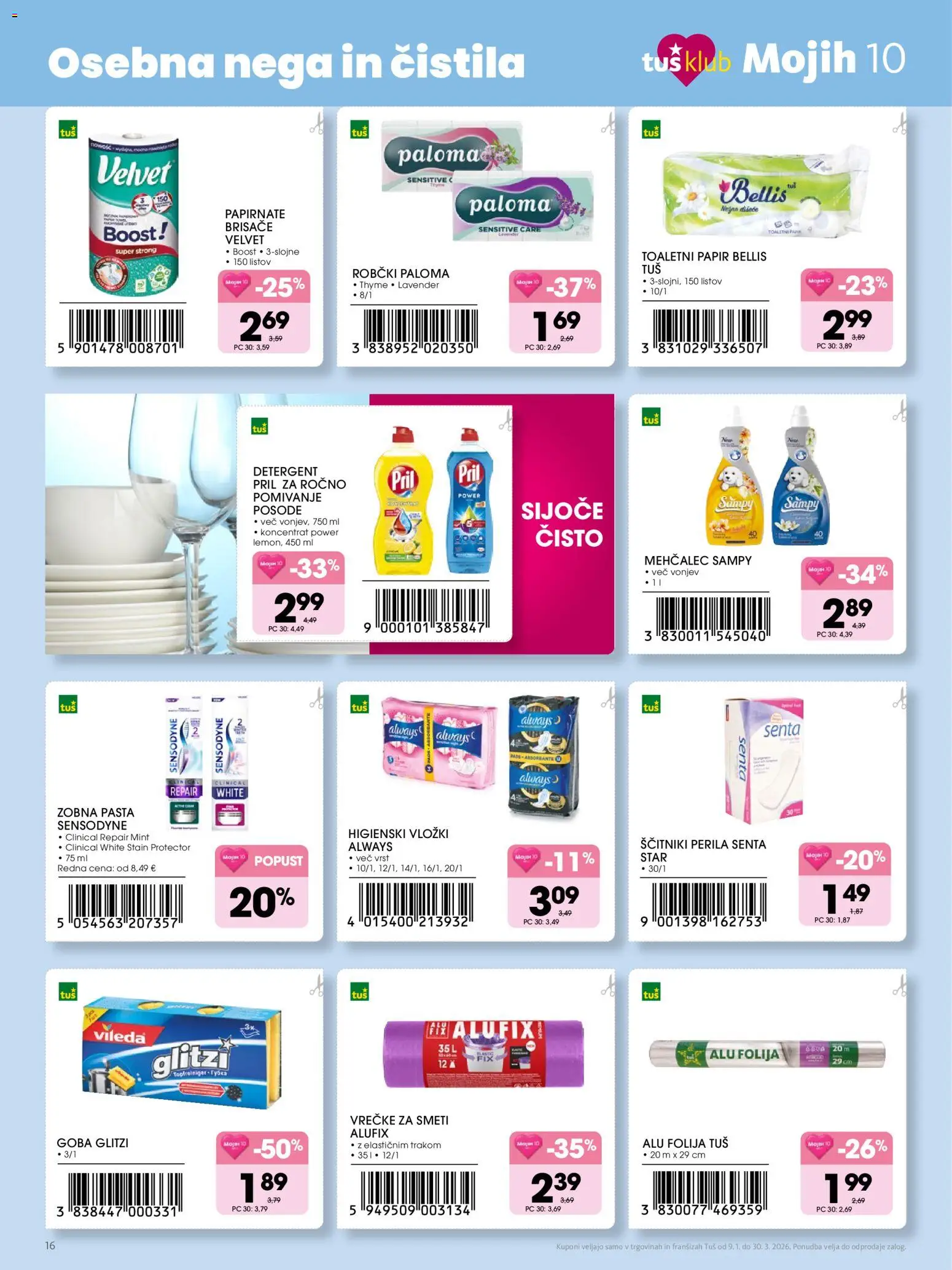 Novi Tuš katalog ponudbe – veljaven od 09.01.2026 | Stran: 16 | Izdelki: Mehčalec, Čistila, Vložki, Detergent