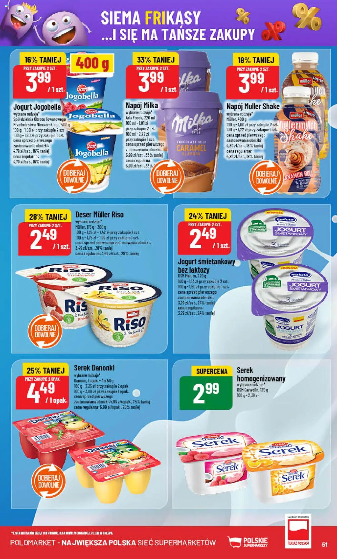 POLOmarket Gazetka od 08.10.2025 | Strona: 51 | Produkty: Jogurt śmietankowy, Bez laktozy, Serek, Milka