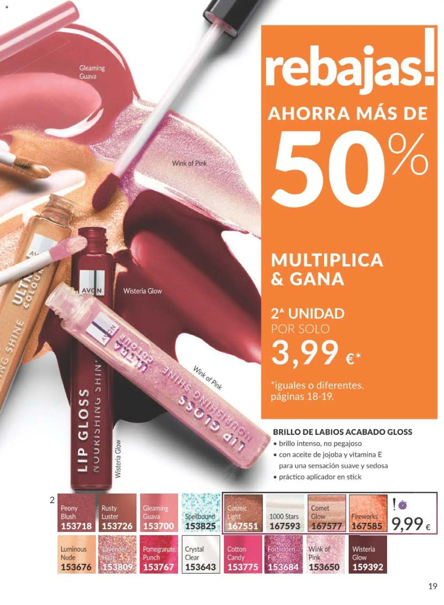 Catálogo AVON campaña 4 │ válido desde el 01.04.2026 | Página: 19 | Productos: Brillo de labios, Aceite, Aceite de jojoba