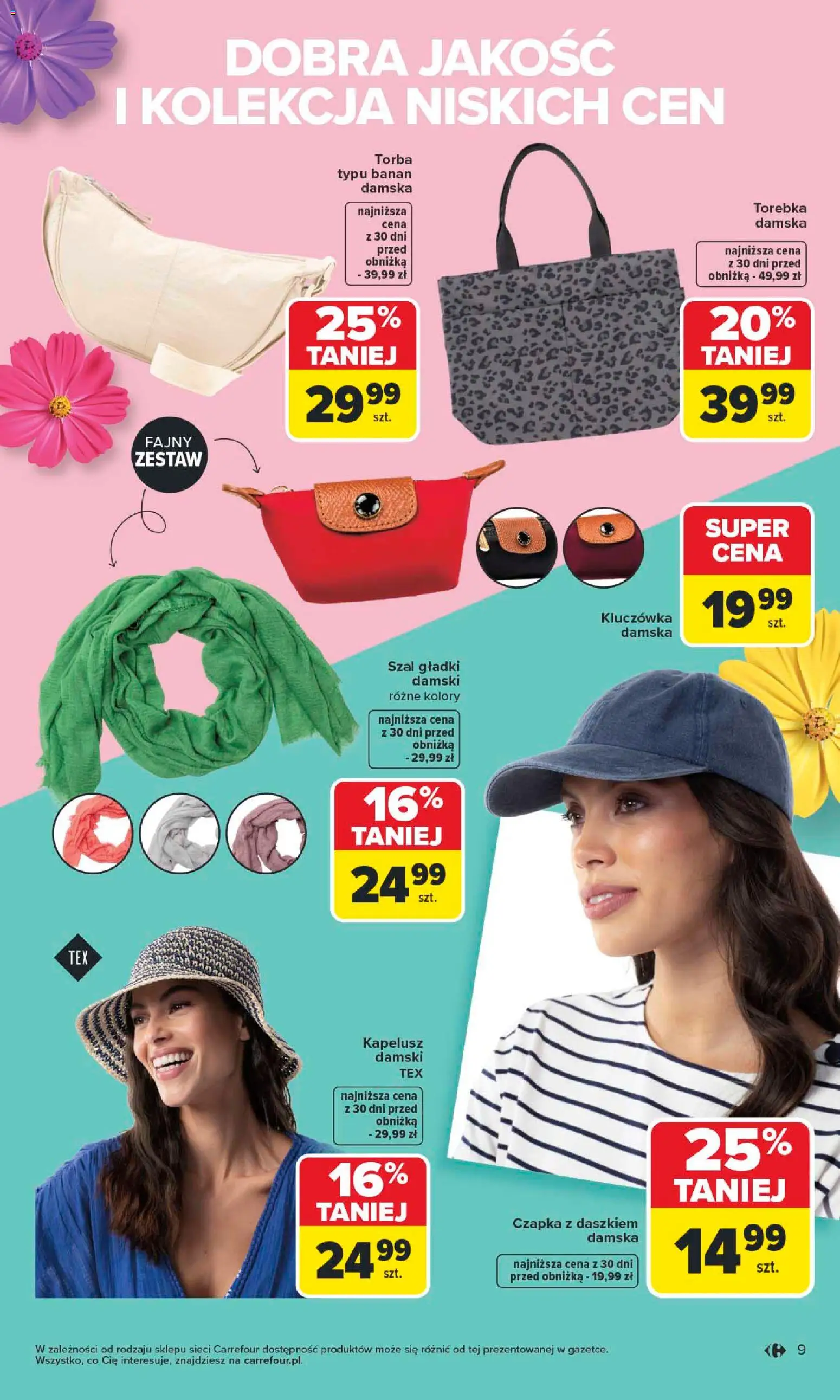 Carrefour gazetka - TEX na spotkanie z wiosną od 07.04.2026 | Strona: 9 | Produkty: Kapelusz, Czapka, Torba, Banan