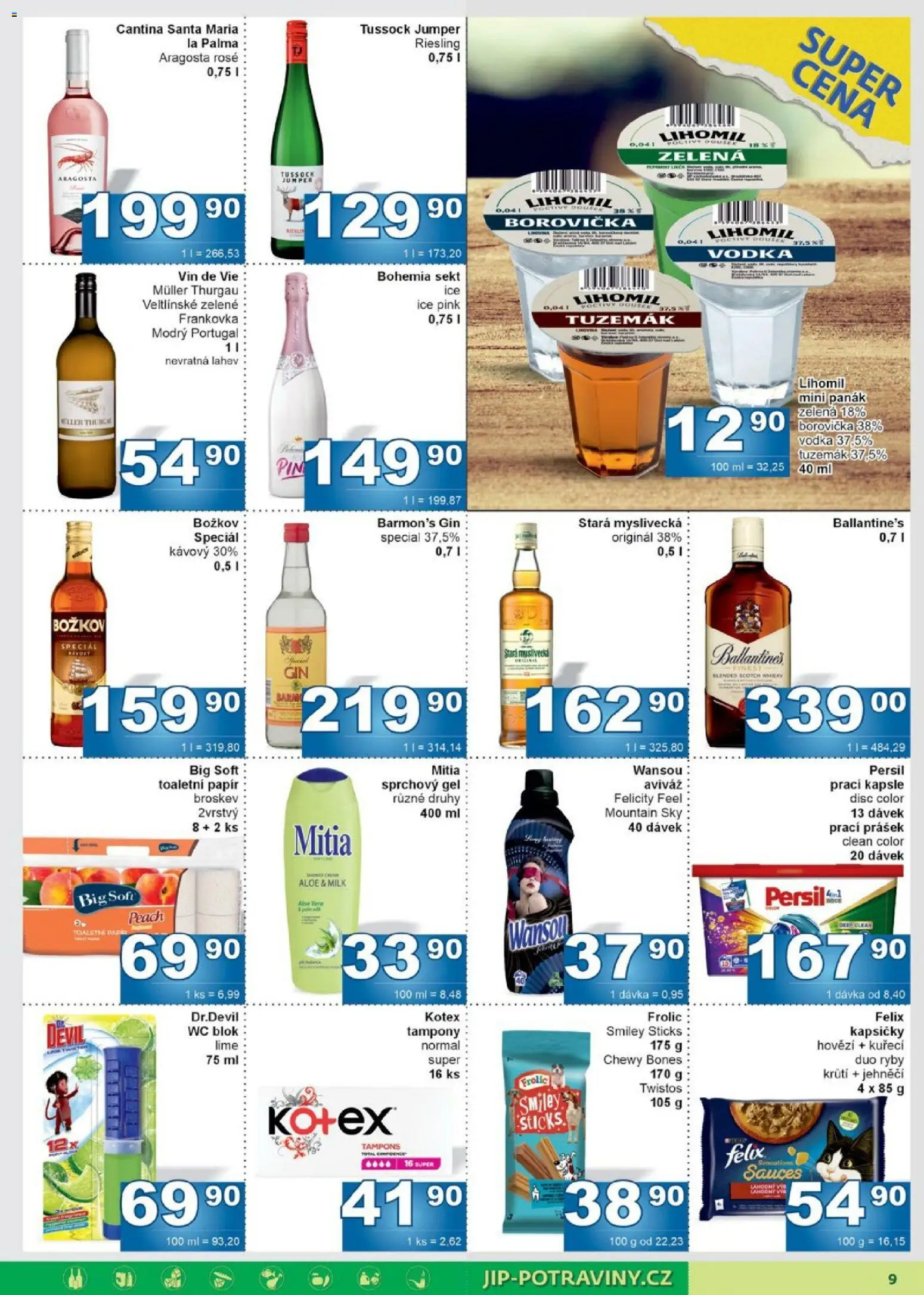 Jip leták od 25.03.2026 | Strana: 9 | Produkty: Vodka, Sekt, Stará myslivecká, Prací Prášek