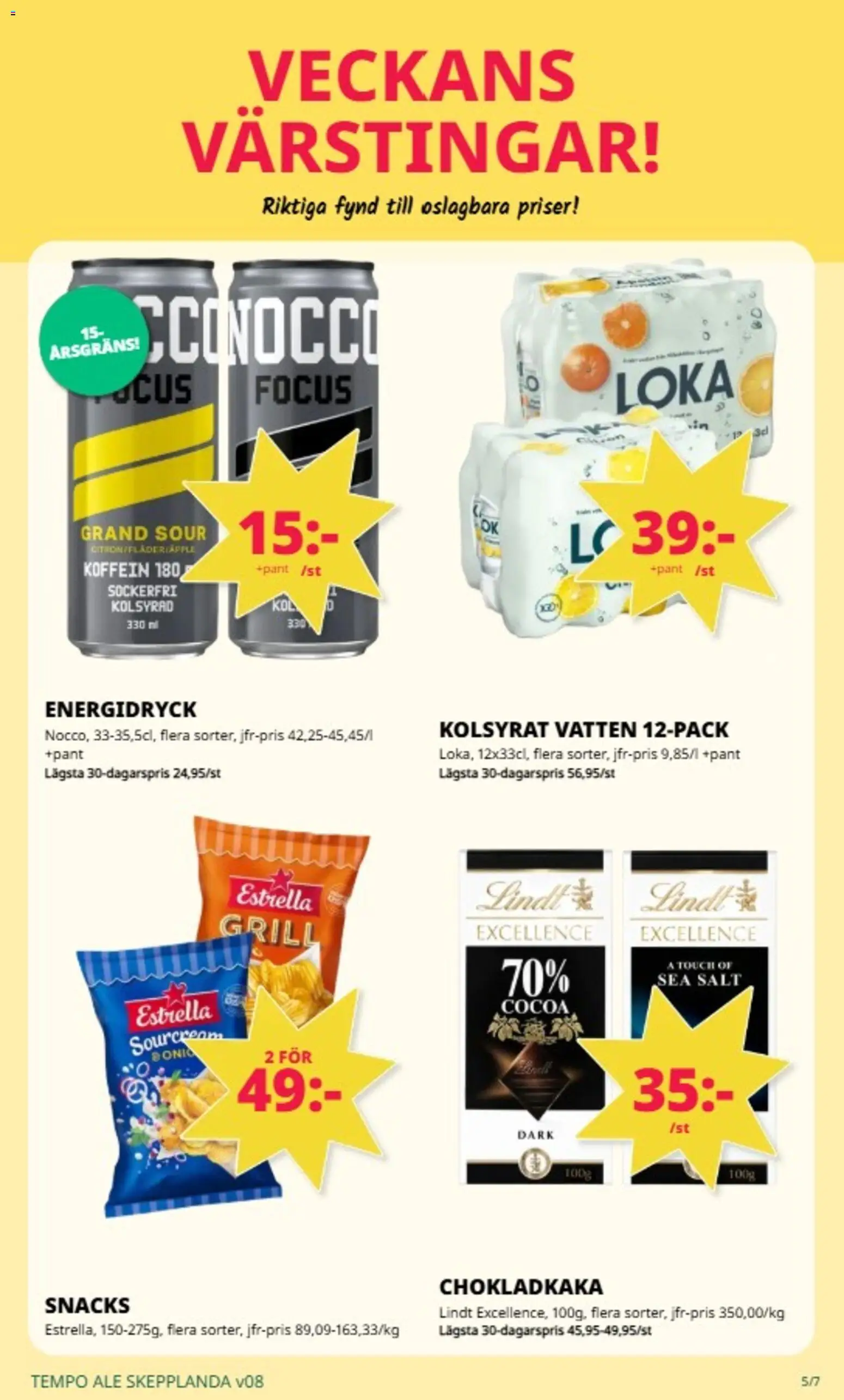 Tempo reklamblad aktuell från 16.02.2026 | Sida: 5 | Produkter: Salt, Loka, Chokladkaka, Energidryck