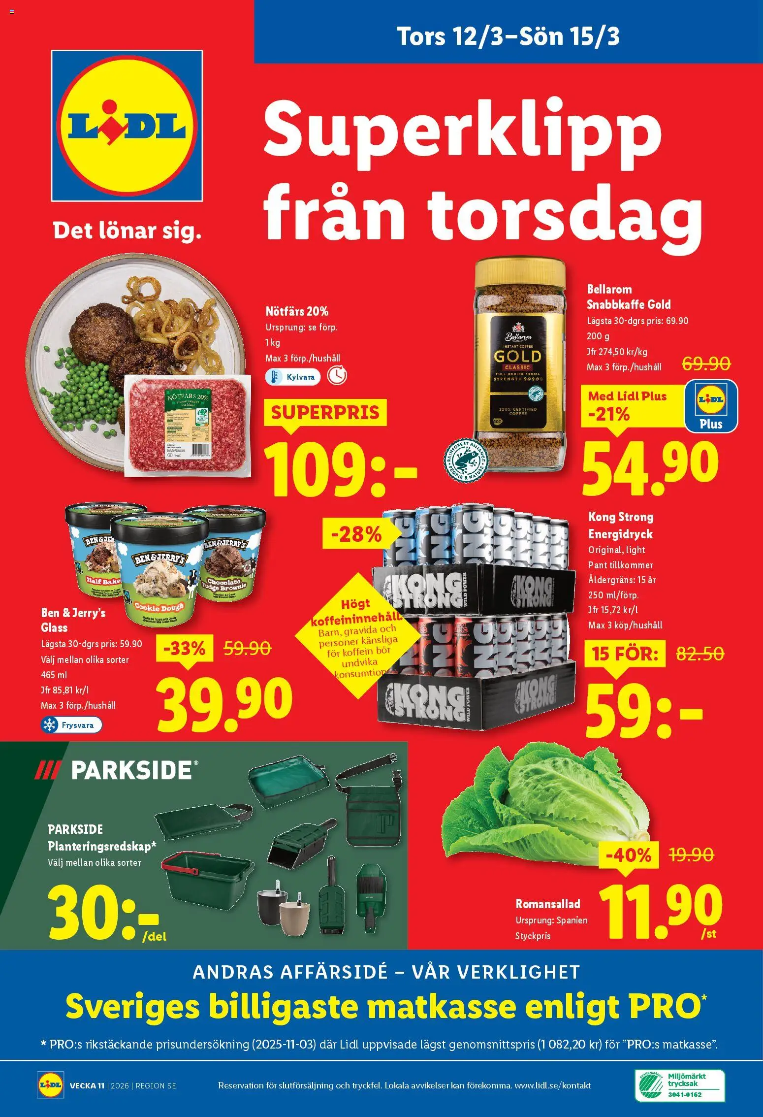 Lidl reklamblad aktuell från 09.03.2026 | Sida: 30 | Produkter: Nötfärs, Energidryck, Romansallad, Glass