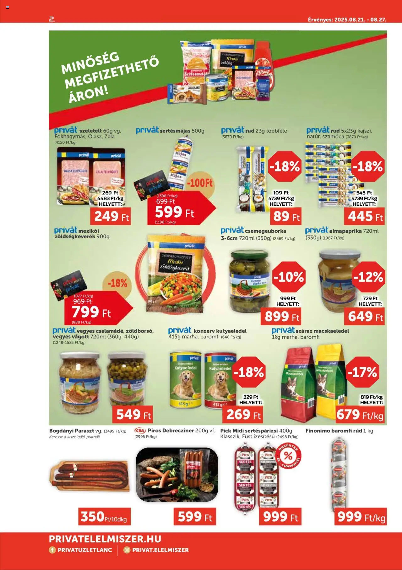 PRIVÁT akciós ujság - amely érvényes a következő dátumtól: 21.08.2025 | Oldal: 2 | Termékek: Macskaeledel, Pick, Kutyaeledel, Felvágott