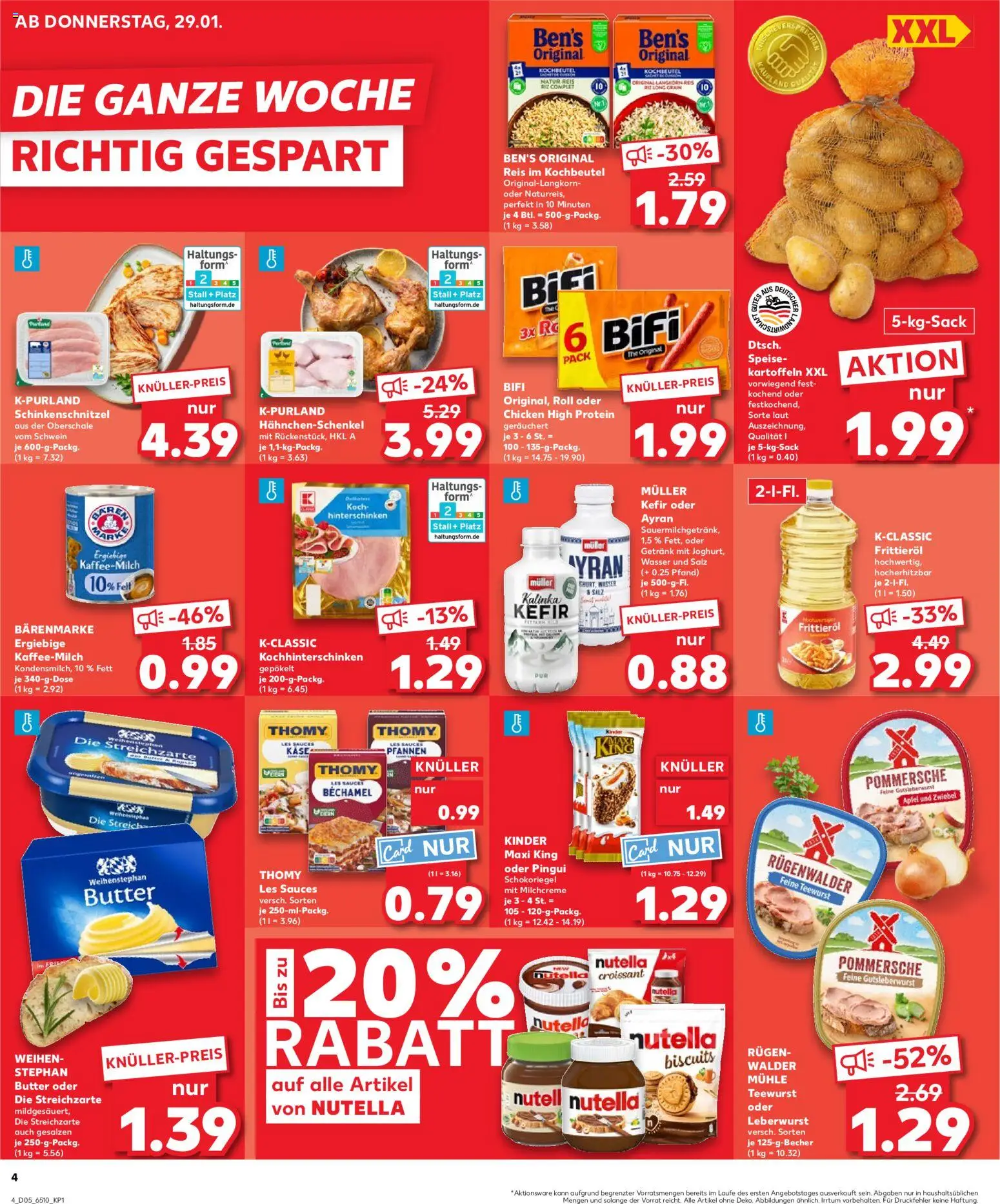 Kaufland prospekt Köln	 – gültig ab 29.01.2026 | Seite: 4 | Produkte: Hahnchenschenkel, Bifi, Kartoffeln, Reis