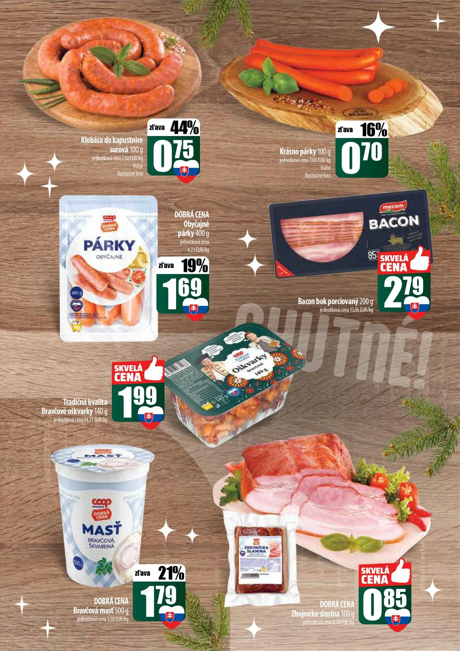 Nové COOP Jednota akcie – leták je platný od 22.12.2025 | Strana: 13 | Produkty: Slanina, Klobása, Párky