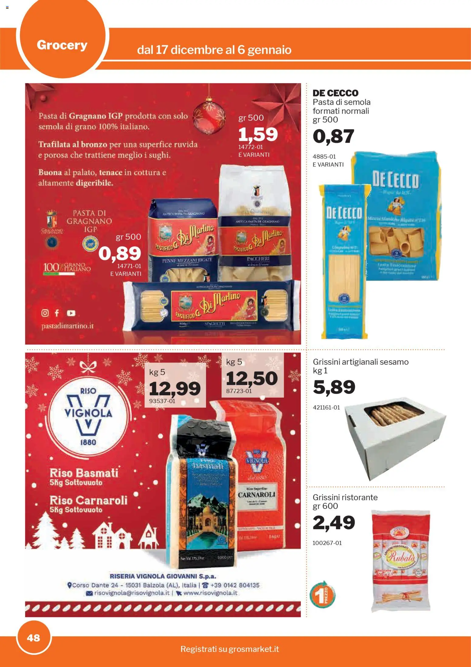 Volantino Sogegross del 17.12.2025 | Pagina: 48 | Prodotti: Riso Carnaroli, Pasta, Grissini, Paccheri