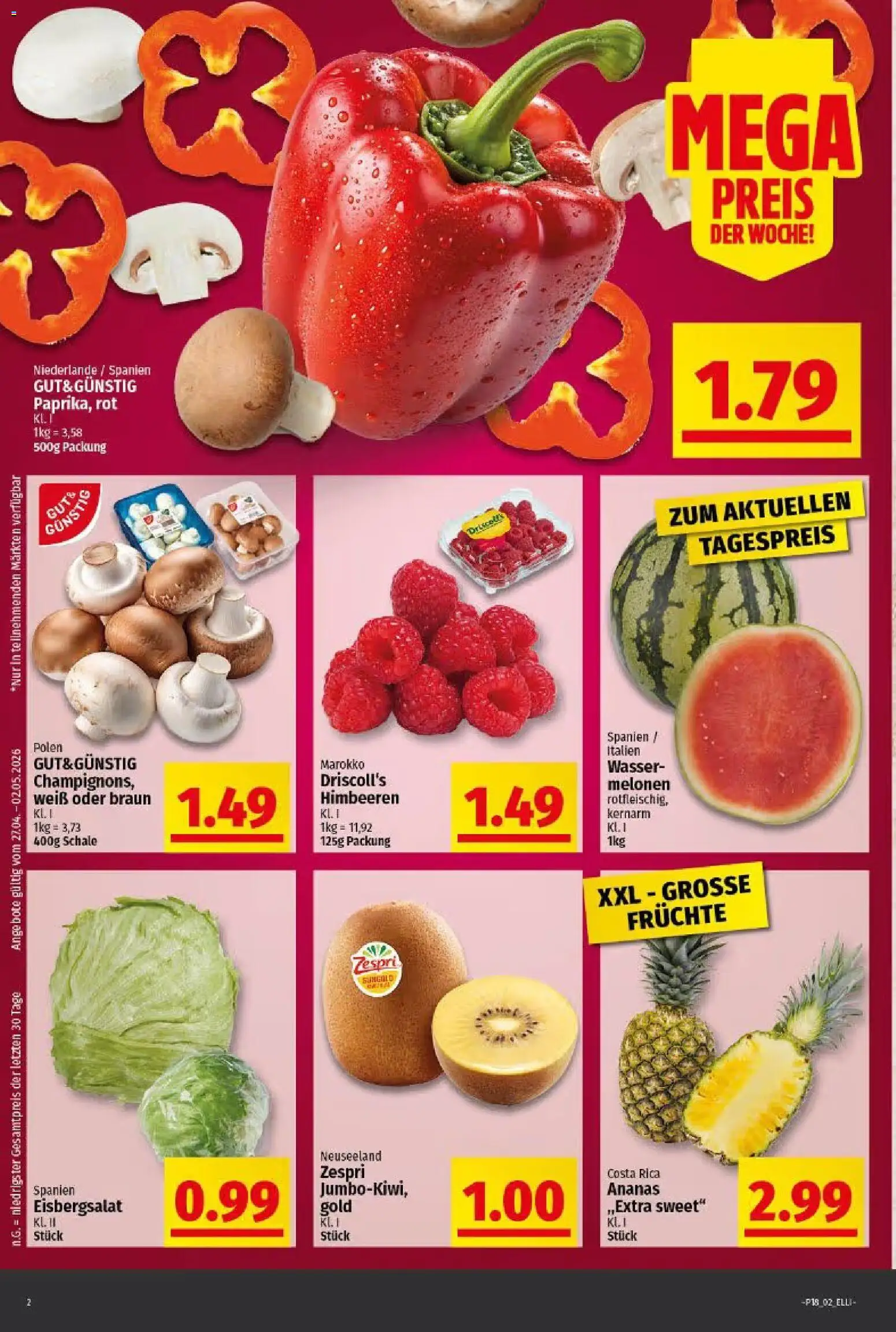 Elli Markt Prospekt Gütersloh – gültig ab 27.04.2026 | Seite: 2 | Produkte: Himbeeren, Ananas, Eisbergsalat, Wasser