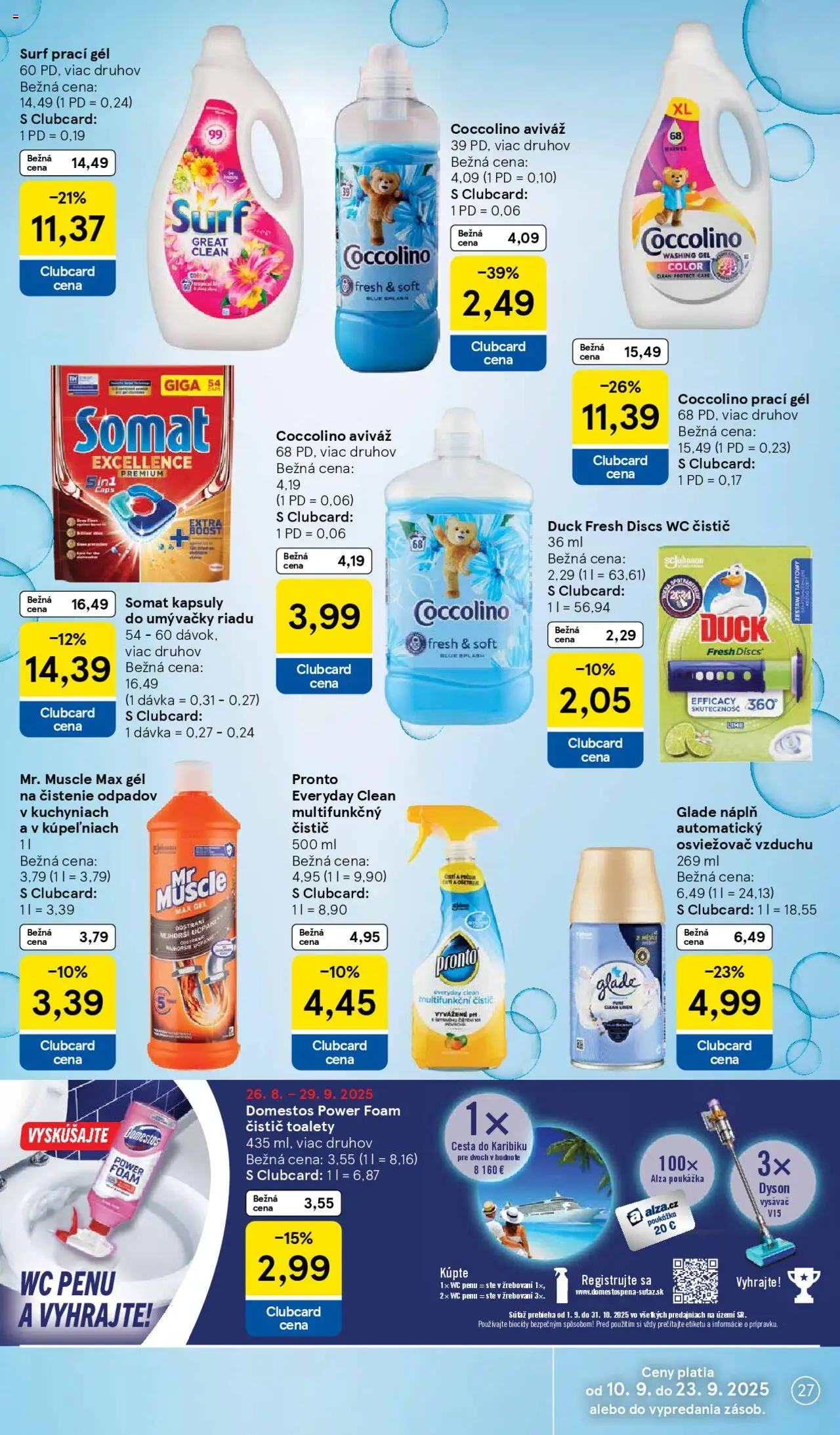 Nové Tesco akcie – leták je platný od 10.09.2025 | Strana: 27 | Produkty: Osviežovač vzduchu, Vysávač, Coccolino, Domestos