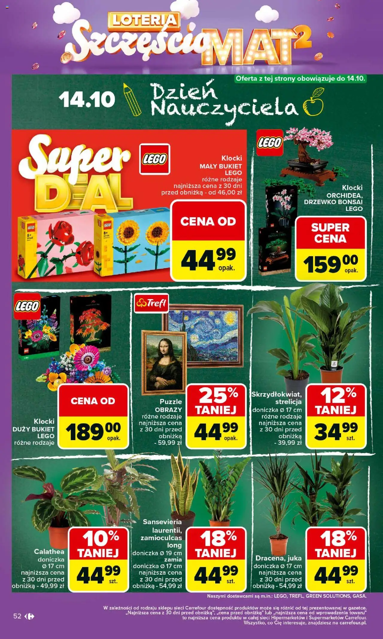 Carrefour Gazetka od 06.10.2025 | Strona: 52 | Produkty: Lego, Doniczka, Zamioculcas, Drzewko Bonsai