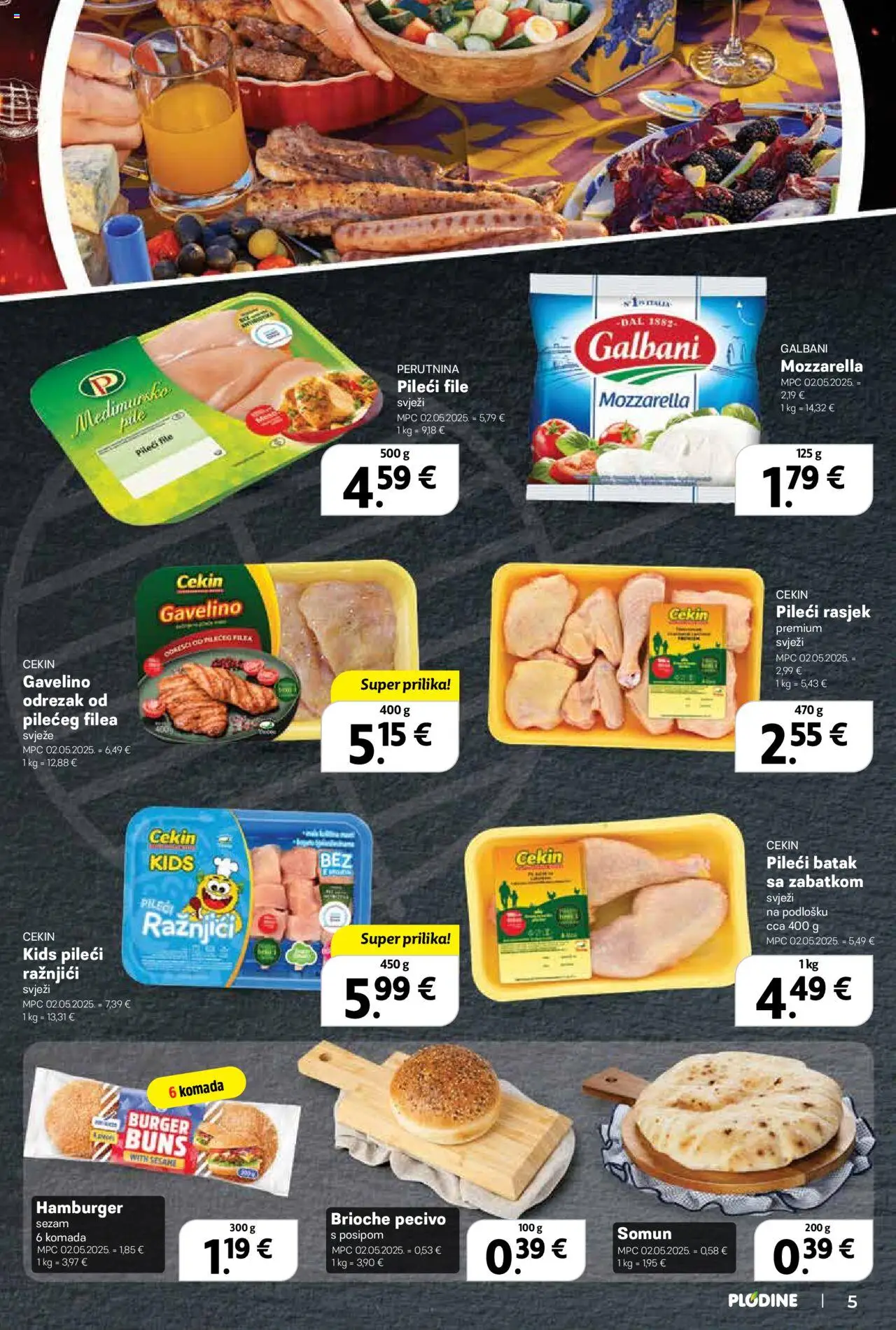 Plodine katalog | vrijedi od 02.07.2025 | Stranica: 5 | Proizvodi: Somun, Mozzarella, Pileći file, Hamburger