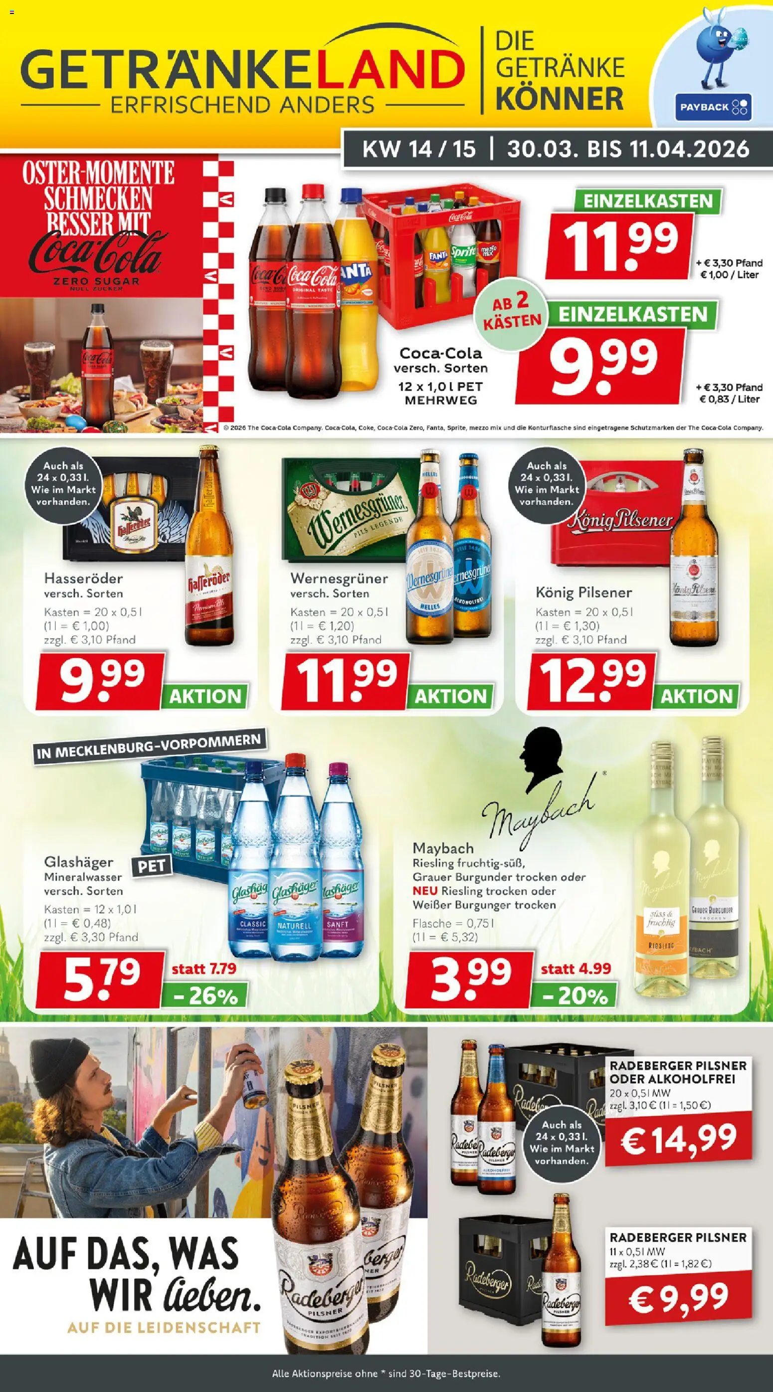 Getränkeland Prospekt 	 – gültig ab 30.03.2026 | Seite: 1 | Produkte: Coca cola, Konig pilsener, Pils, Hasseröder